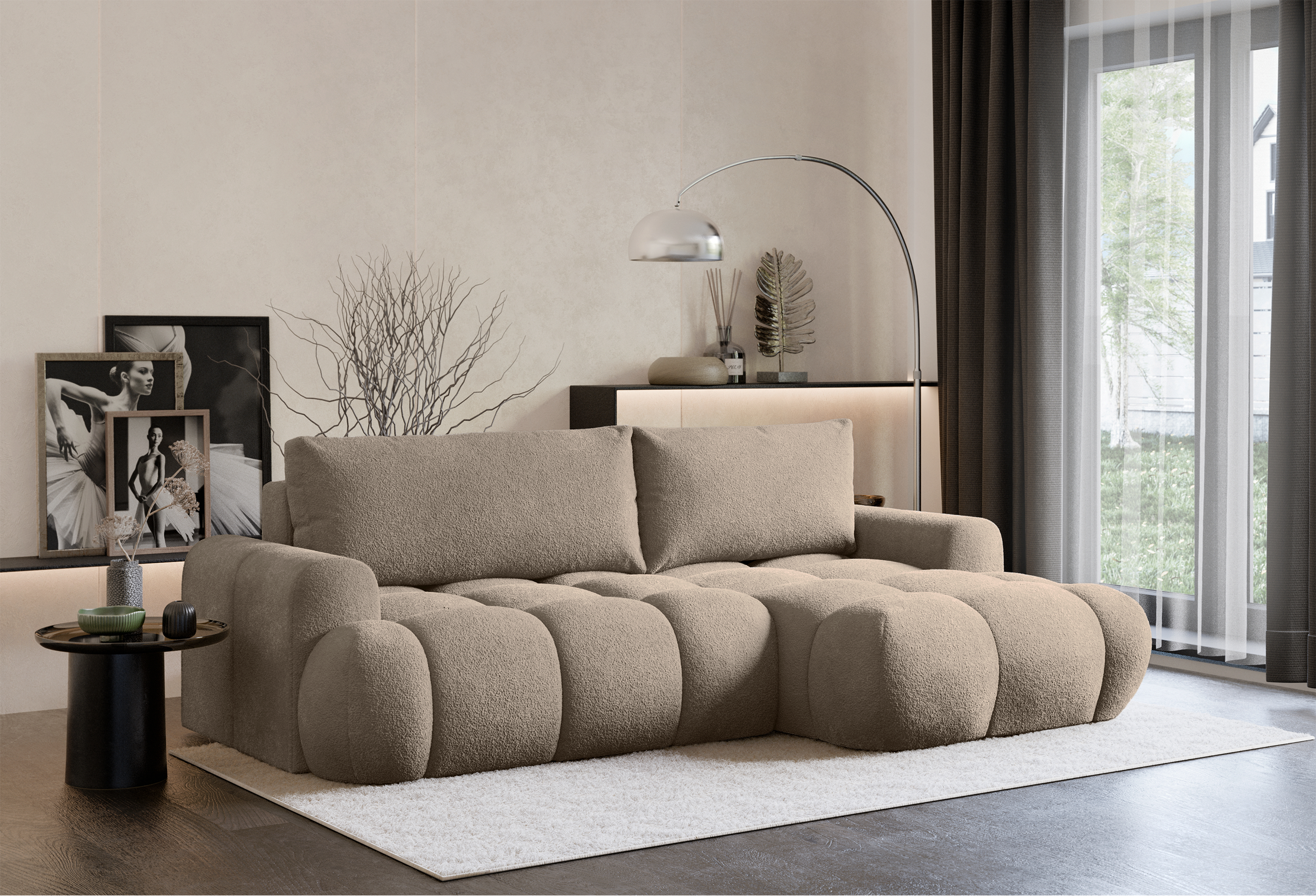 Ecksofa mit Schlaffunktion Ombo Mini, L-förmig, rechtsseitig, mit Stauraum, dunkelbeiges Bouclé