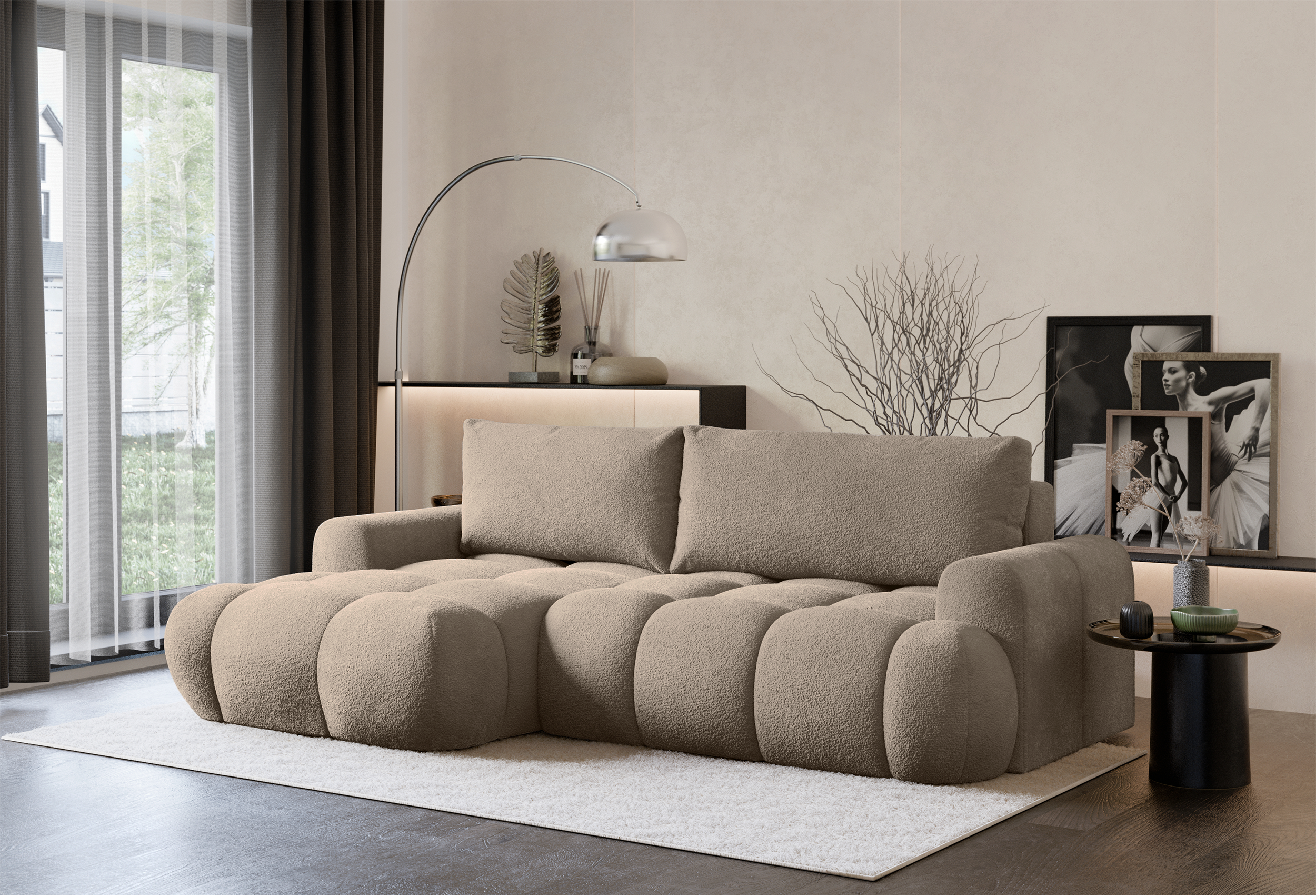 Ecksofa mit Schlaffunktion Ombo Mini, L-förmig, linksseitig, mit Stauraum, dunkelbeige Bouclé