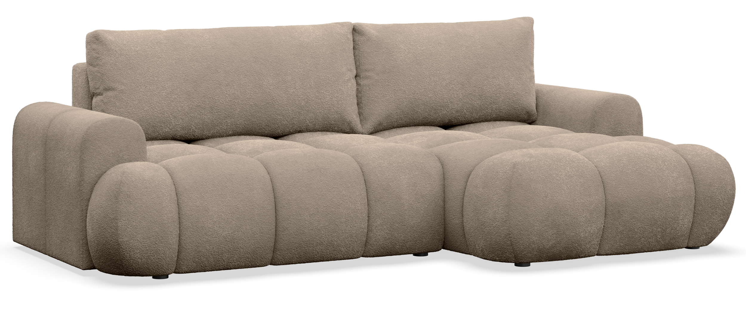 Ecksofa mit Schlaffunktion Ombo Mini, L-förmig, rechtsseitig, mit Stauraum, dunkelbeiges Bouclé