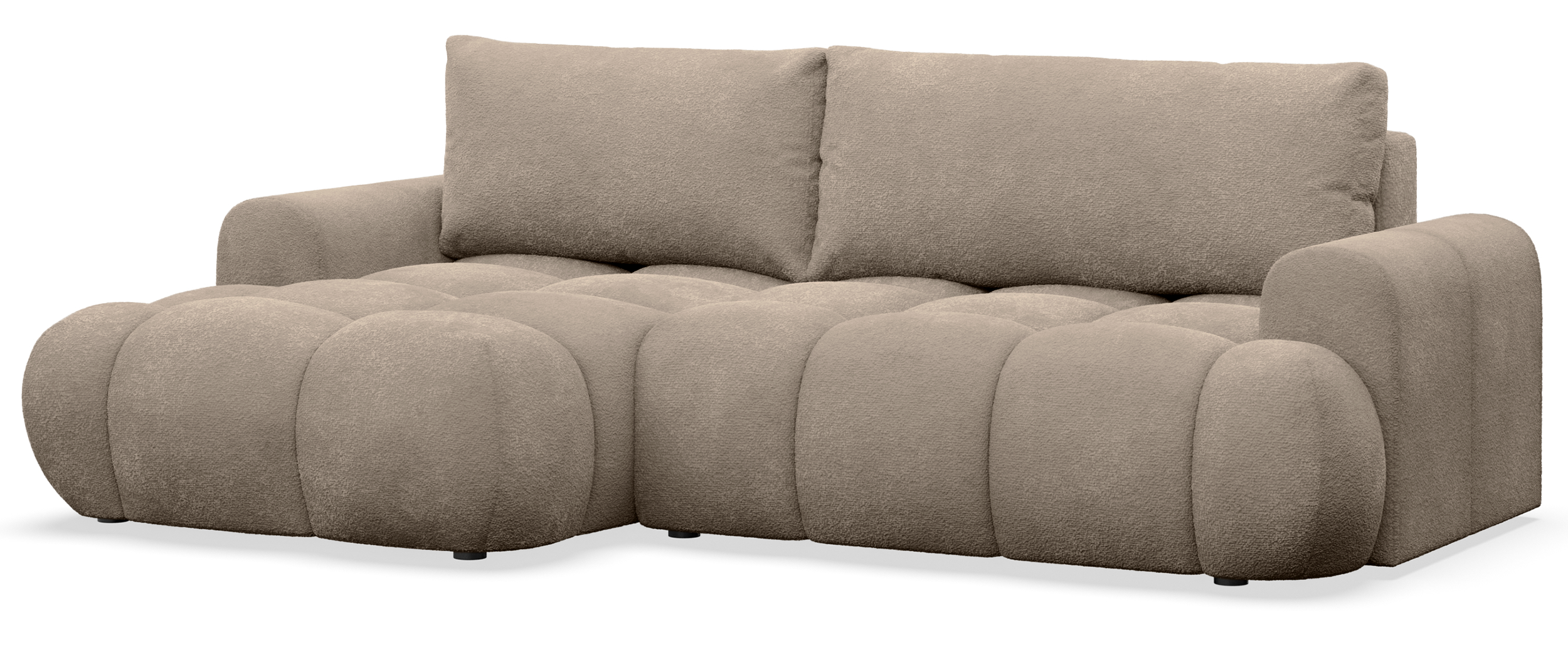 Ecksofa mit Schlaffunktion Ombo Mini, L-förmig, linksseitig, mit Stauraum, dunkelbeige Bouclé