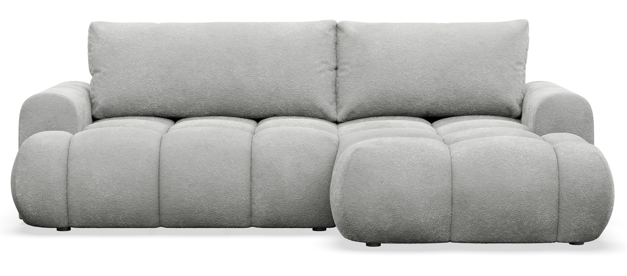 Ecksofa mit Schlaffunktion Ombo Mini, L-förmig, rechtsseitig, mit Stauraum, hellgrauer Bouclé-Stoff