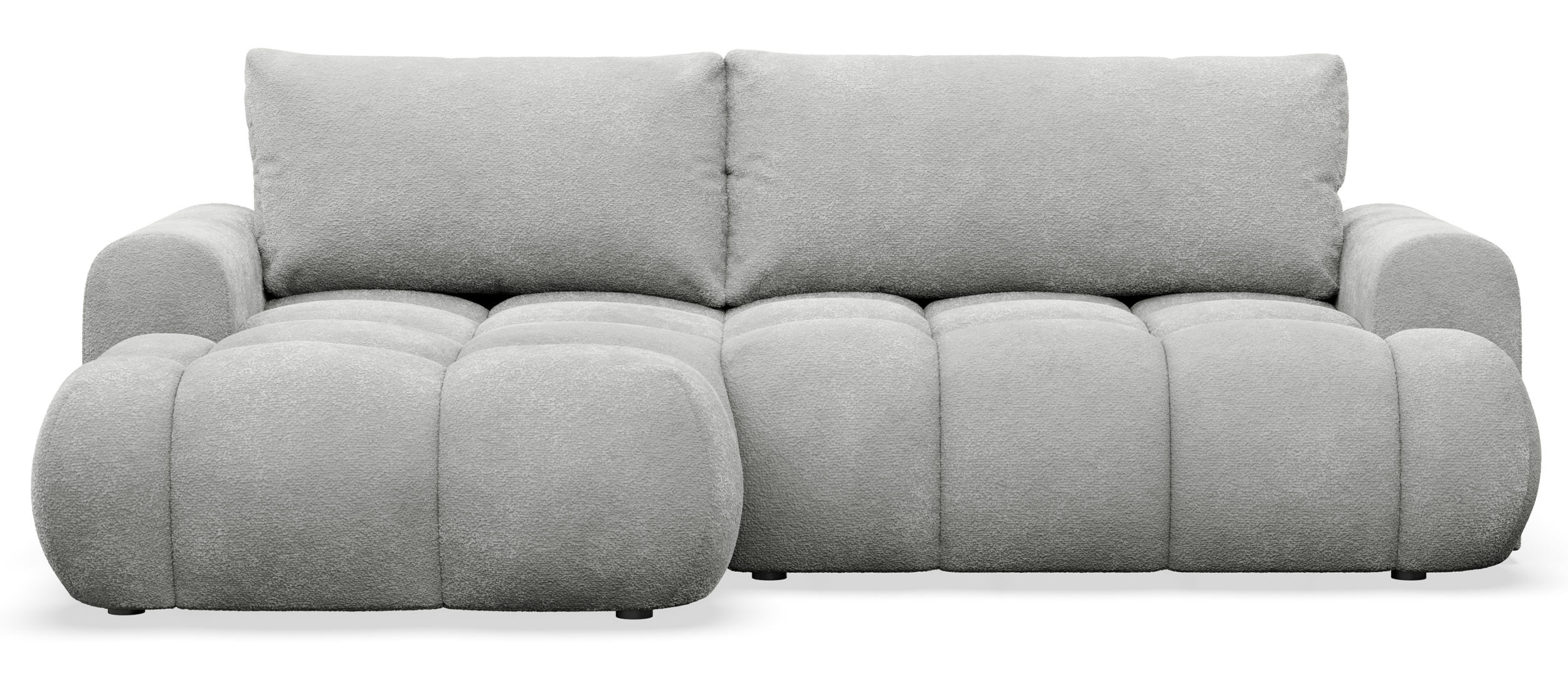 Ecksofa mit Schlaffunktion Ombo Mini, L-förmig, linksseitig, mit Stauraum, hellgrauer Bouclé-Stoff