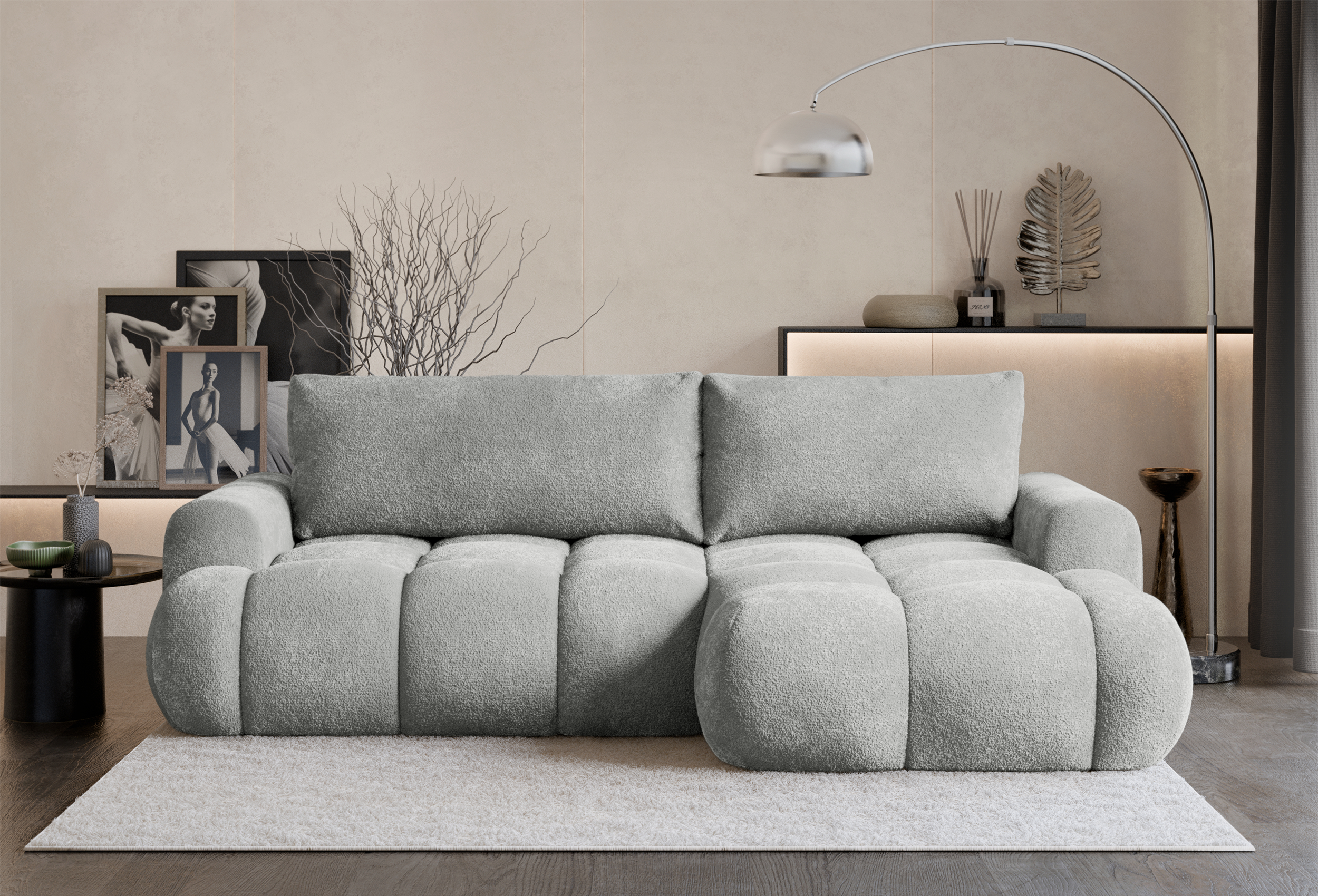 Ecksofa mit Schlaffunktion Ombo Mini, L-förmig, rechtsseitig, mit Stauraum, hellgrauer Bouclé-Stoff