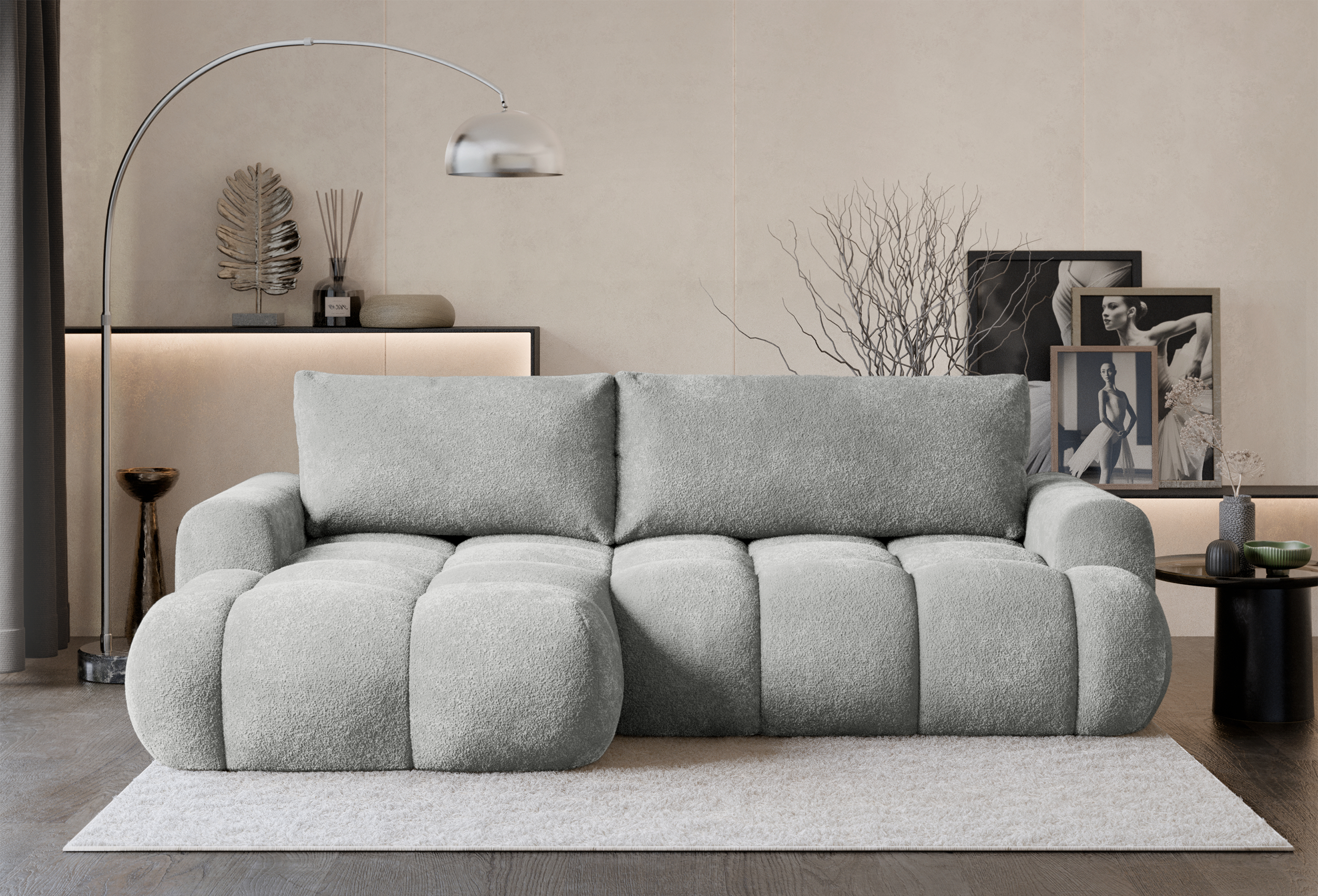 Ecksofa mit Schlaffunktion Ombo Mini, L-förmig, linksseitig, mit Stauraum, hellgrauer Bouclé-Stoff