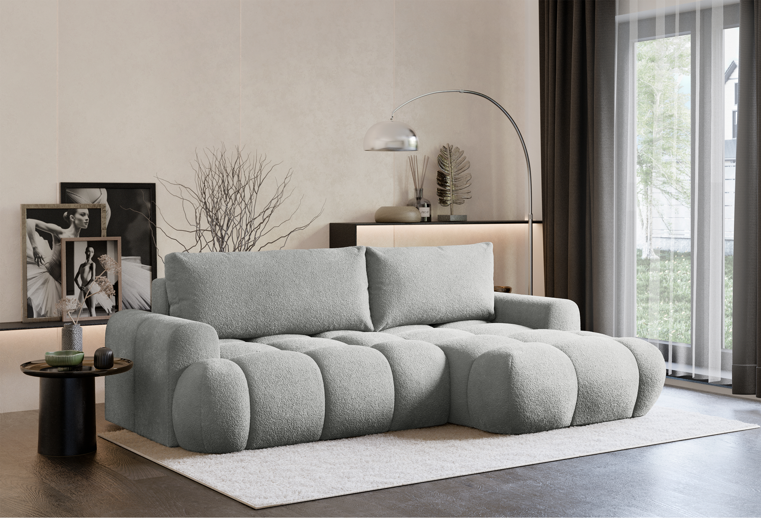 Ecksofa mit Schlaffunktion Ombo Mini, L-förmig, rechtsseitig, mit Stauraum, hellgrauer Bouclé-Stoff
