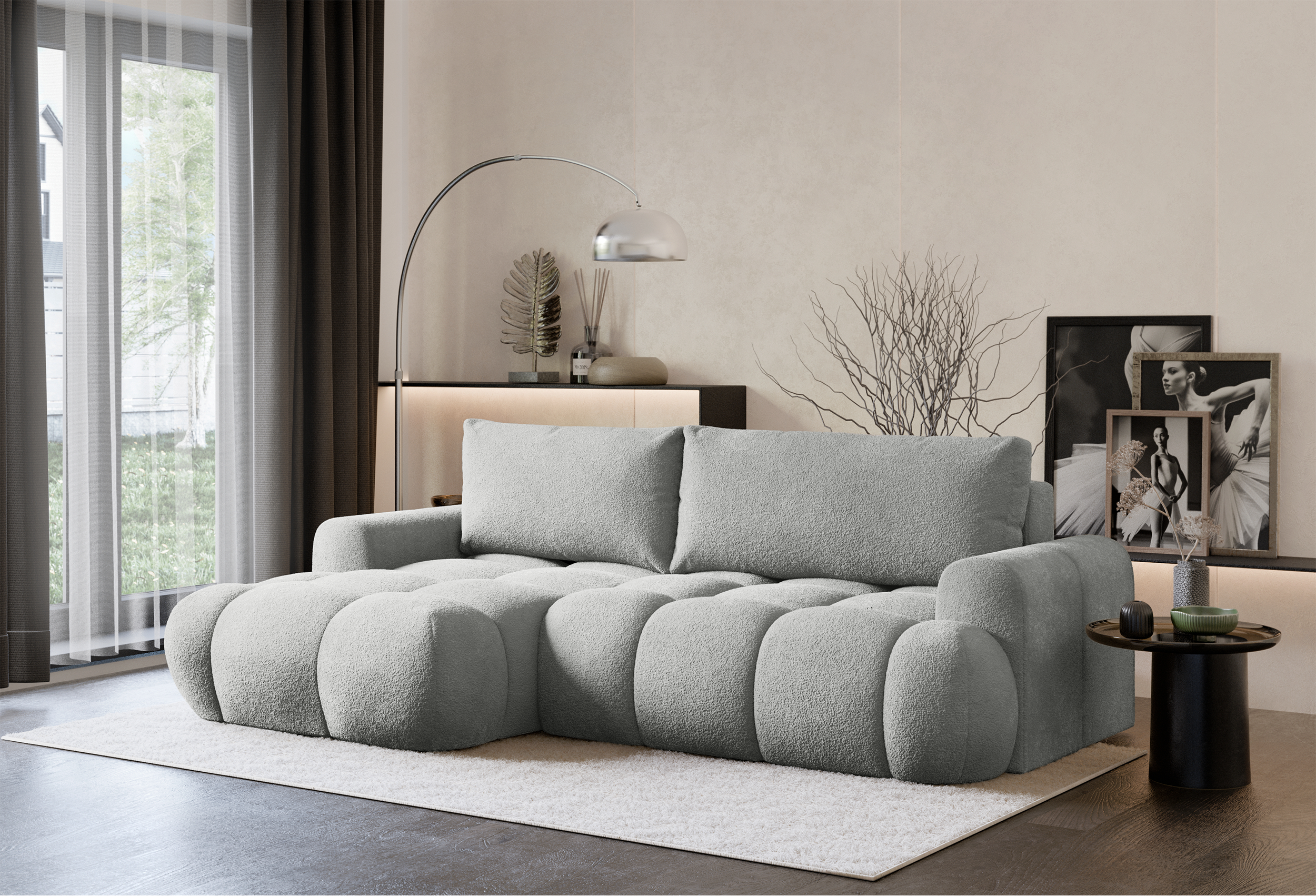Ecksofa mit Schlaffunktion Ombo Mini, L-förmig, linksseitig, mit Stauraum, hellgrauer Bouclé-Stoff