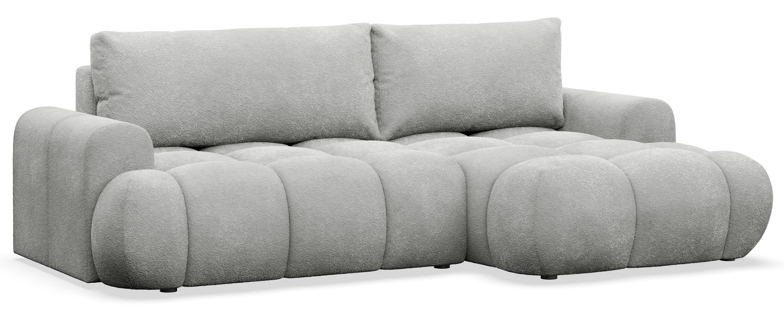 Ecksofa mit Schlaffunktion Ombo Mini, L-förmig, rechtsseitig, mit Stauraum, hellgrauer Bouclé-Stoff