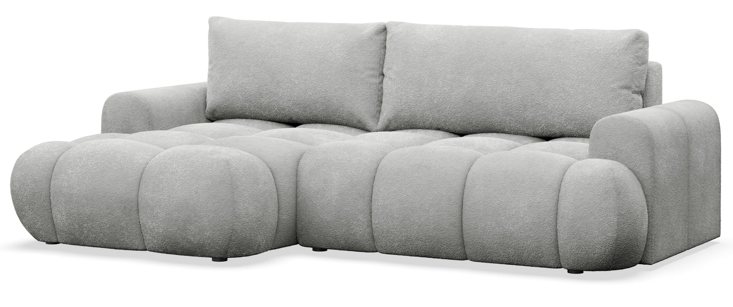 Ecksofa mit Schlaffunktion Ombo Mini, L-förmig, linksseitig, mit Stauraum, hellgrauer Bouclé-Stoff
