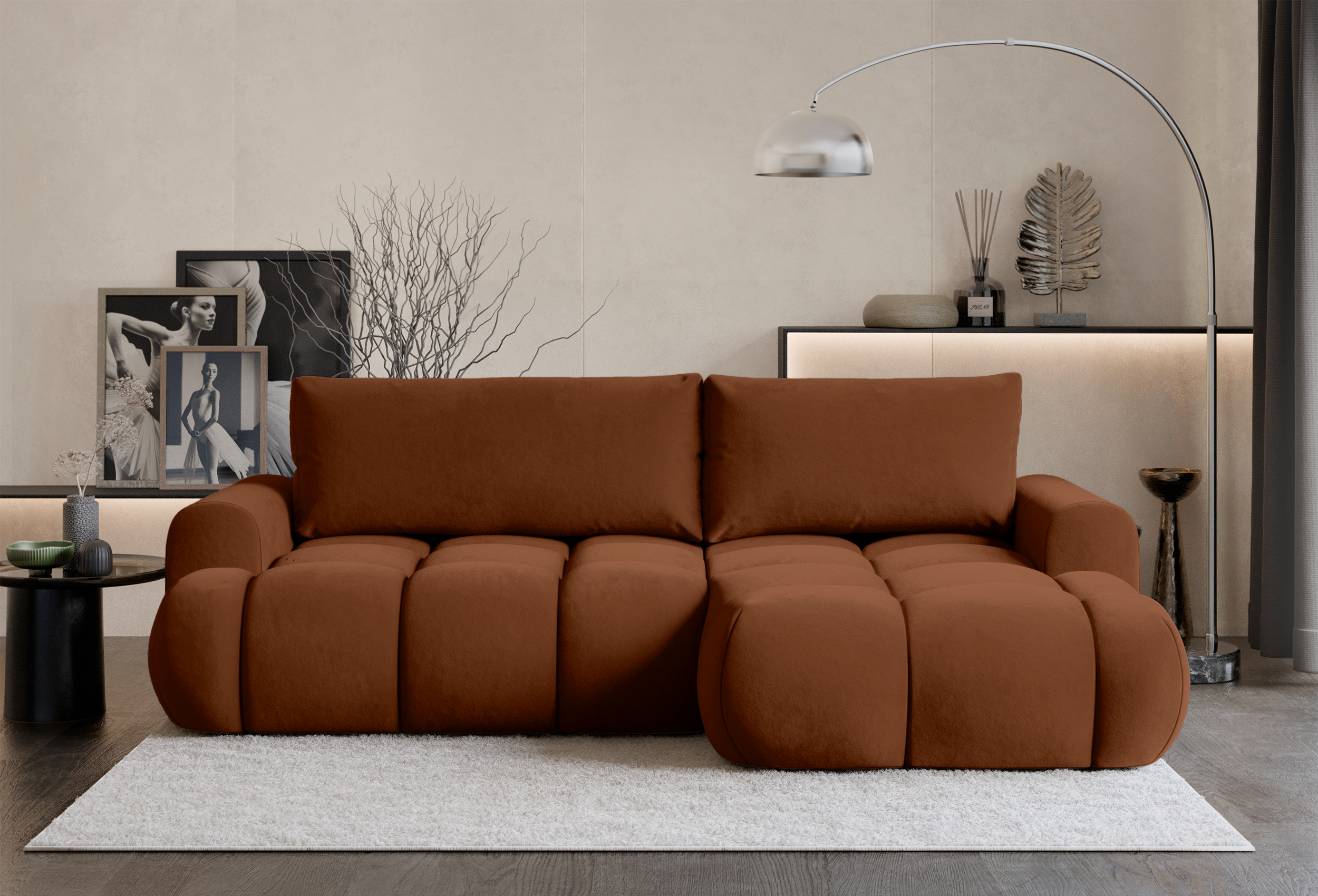 Ecksofa mit Schlaffunktion Ombo Mini, L-förmig, rechtsseitig, mit Stauraum, kupferfarbener, wasserabweisender Samtstoff