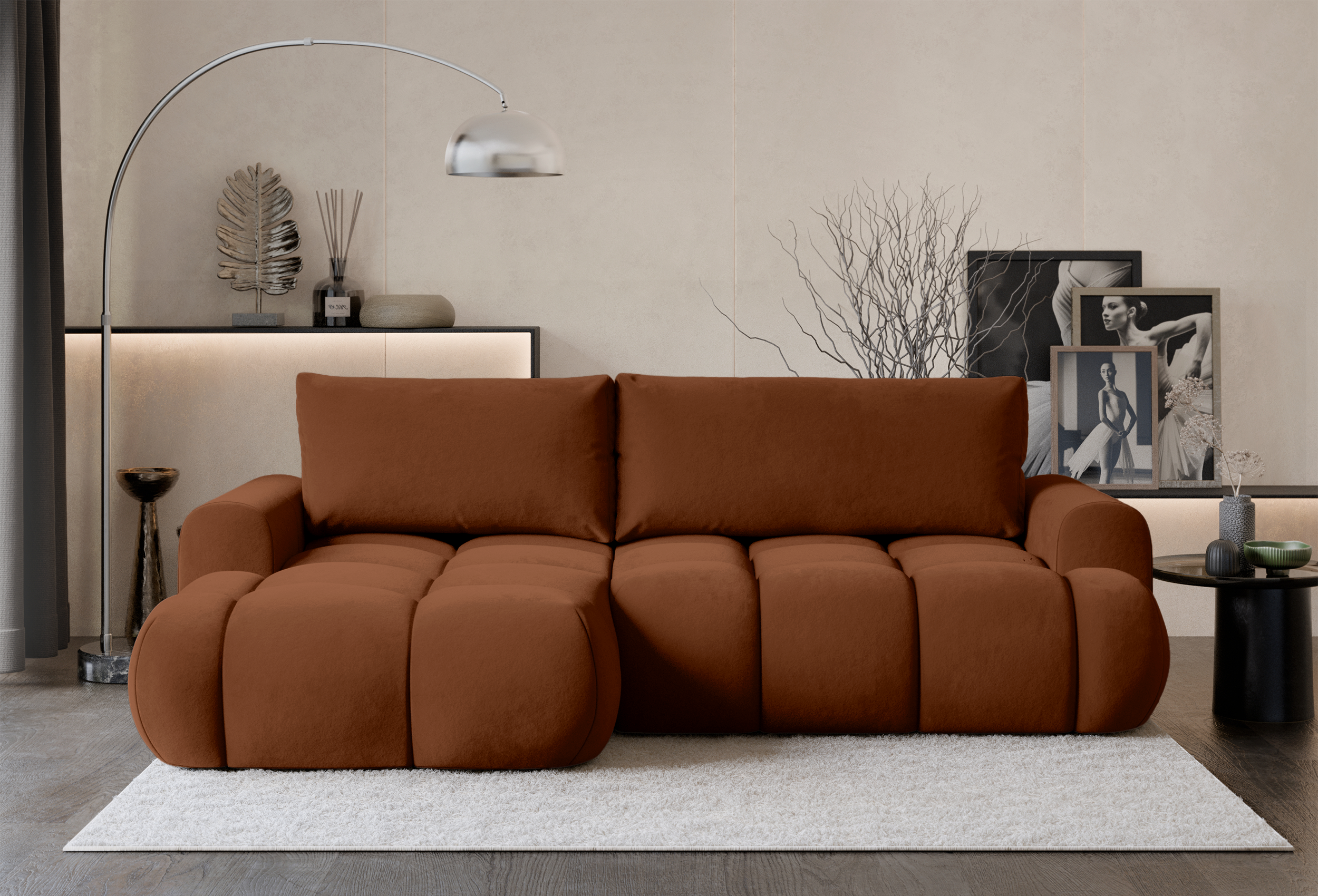 Ecksofa mit Schlaffunktion Ombo Mini, L-förmig, linksseitig, mit Stauraum, kupferfarbener, hydrophober Samt