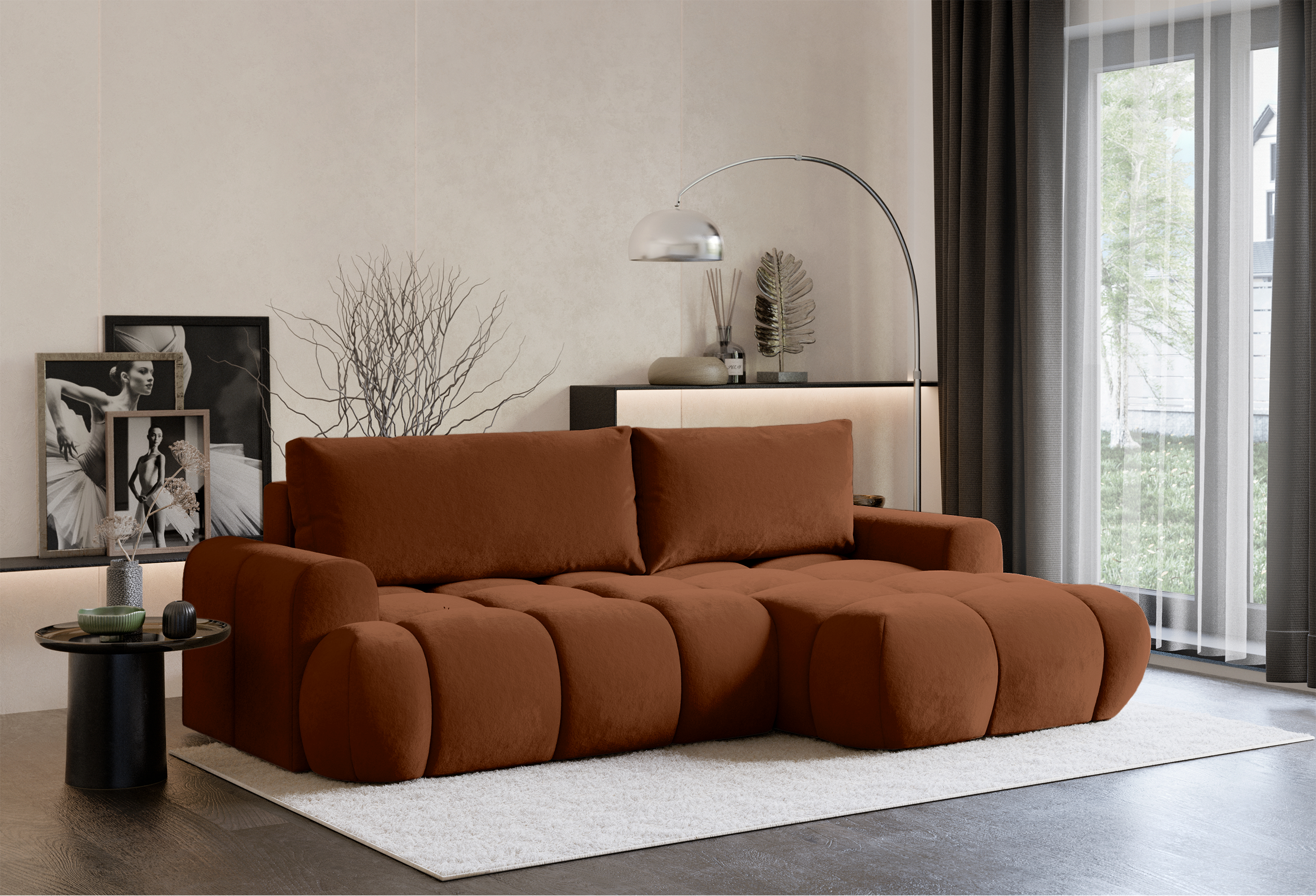 Ecksofa mit Schlaffunktion Ombo Mini, L-förmig, rechtsseitig, mit Stauraum, kupferfarbener, wasserabweisender Samtstoff