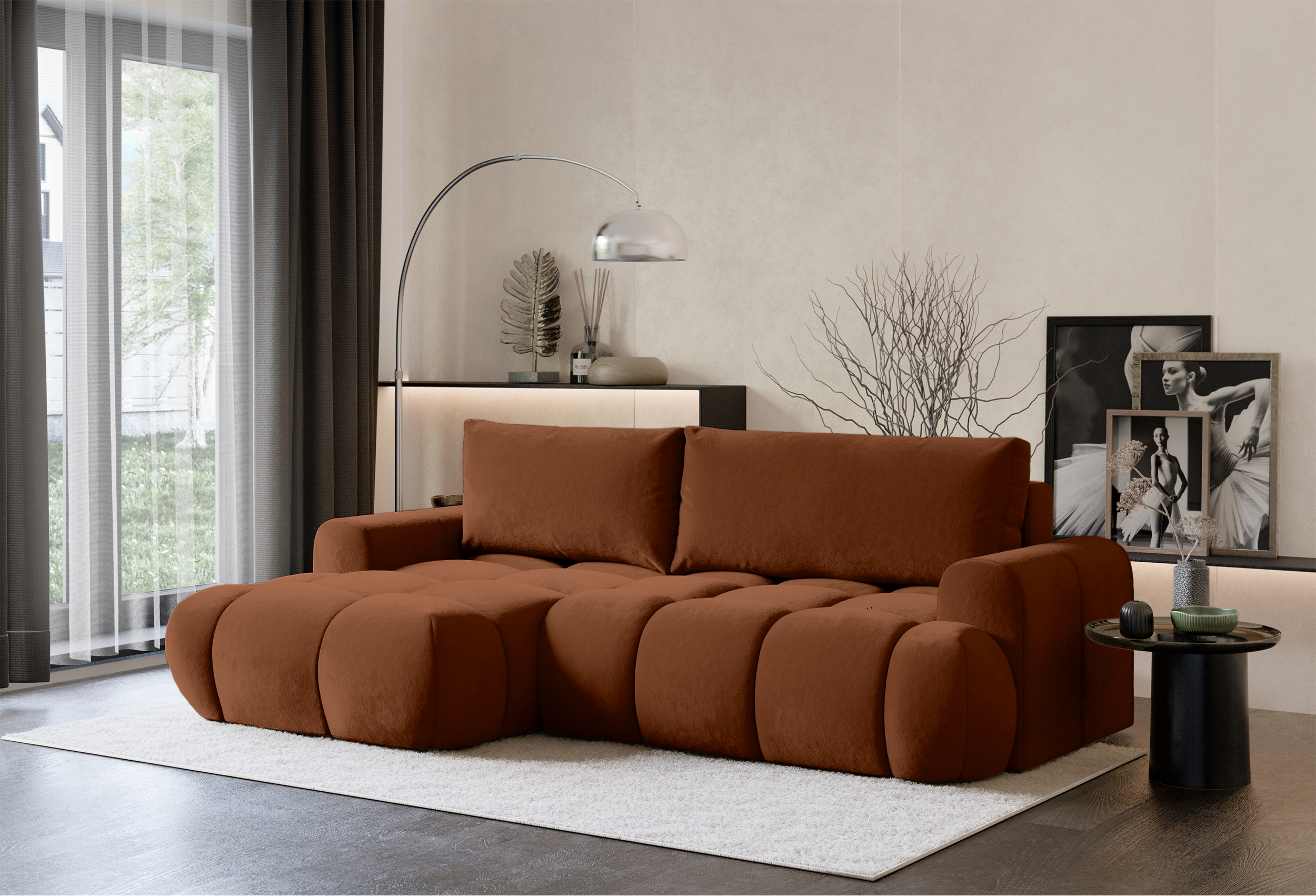 Ecksofa mit Schlaffunktion Ombo Mini, L-förmig, linksseitig, mit Stauraum, kupferfarbener, hydrophober Samt