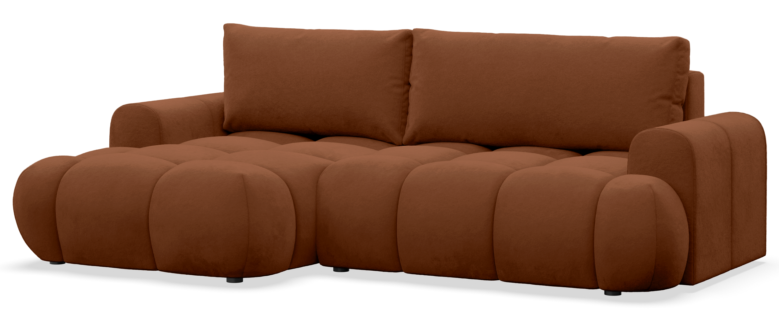 Ecksofa mit Schlaffunktion Ombo Mini, L-förmig, linksseitig, mit Stauraum, kupferfarbener, hydrophober Samt