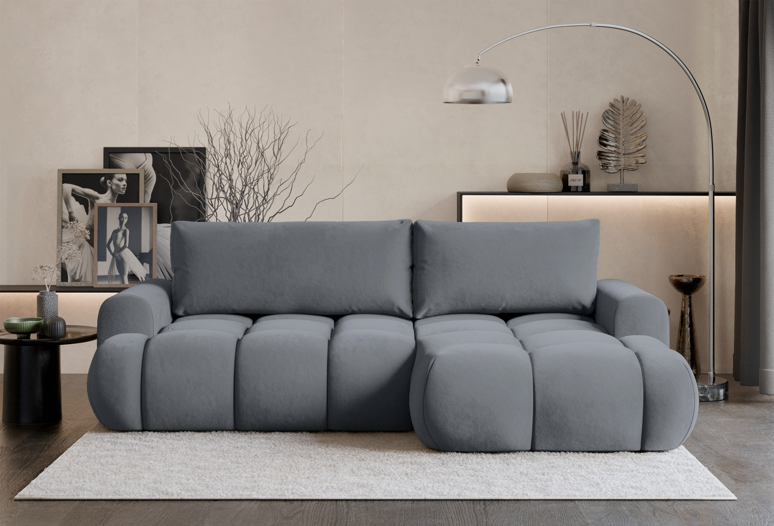 Ecksofa mit Schlaffunktion Ombo Mini, L-förmig, rechtsseitig, mit Stauraum, grauer wasserabweisender Samt