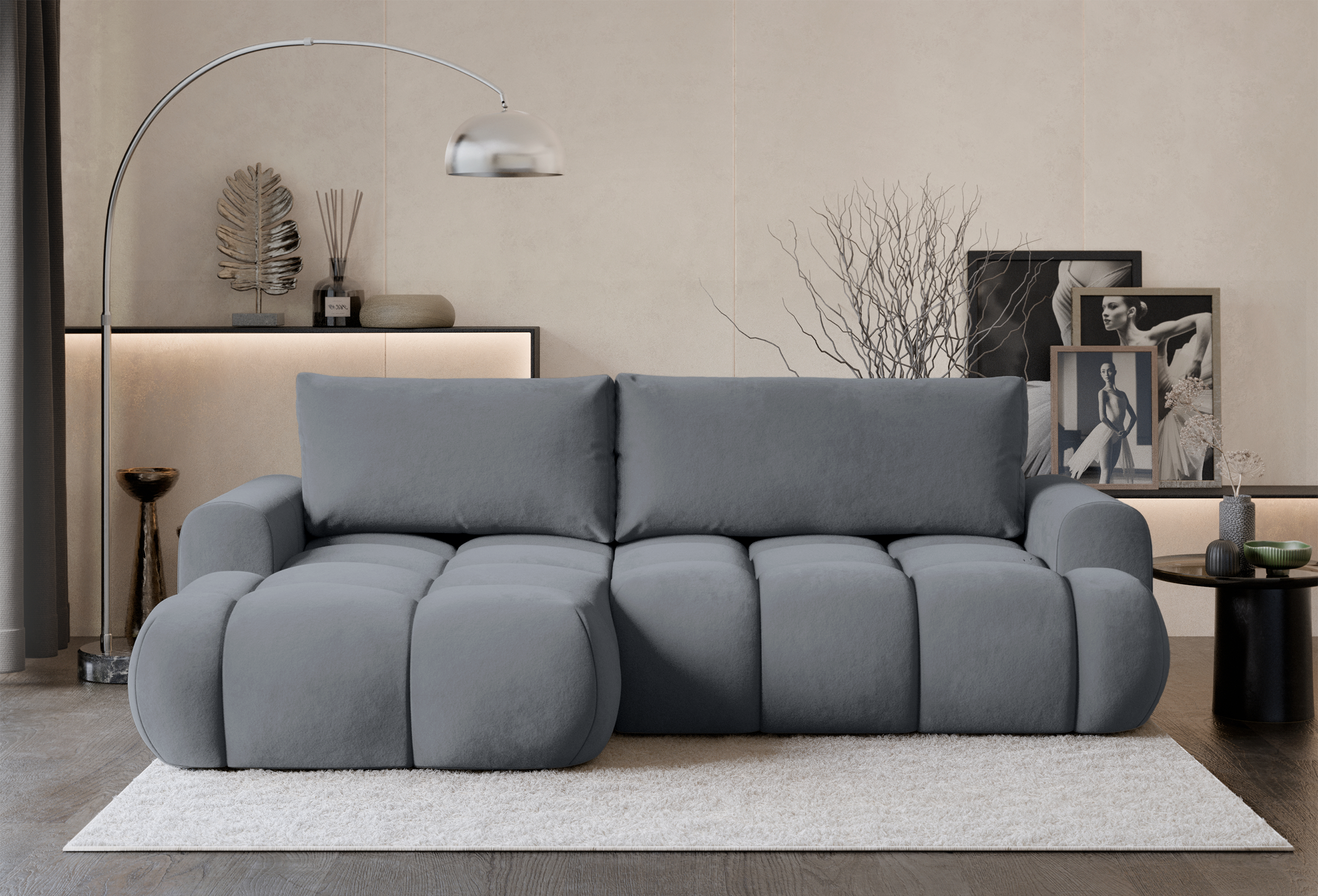Ecksofa mit Schlafunktion Ombo Mini, L-förmig, linksseitig, mit Stauraum, grauer hydrophober Samt