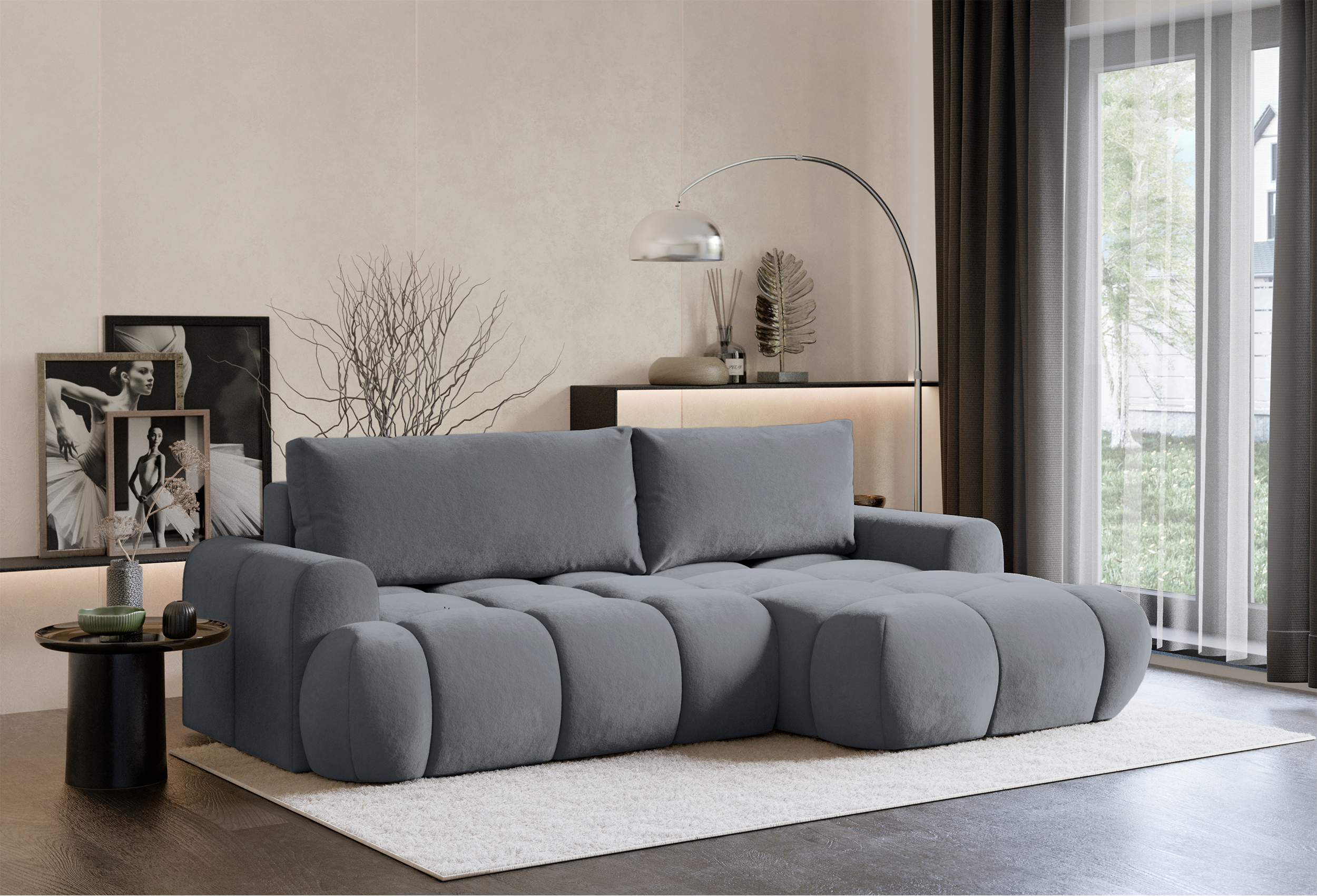 Ecksofa mit Schlaffunktion Ombo Mini, L-förmig, rechtsseitig, mit Stauraum, grauer wasserabweisender Samt
