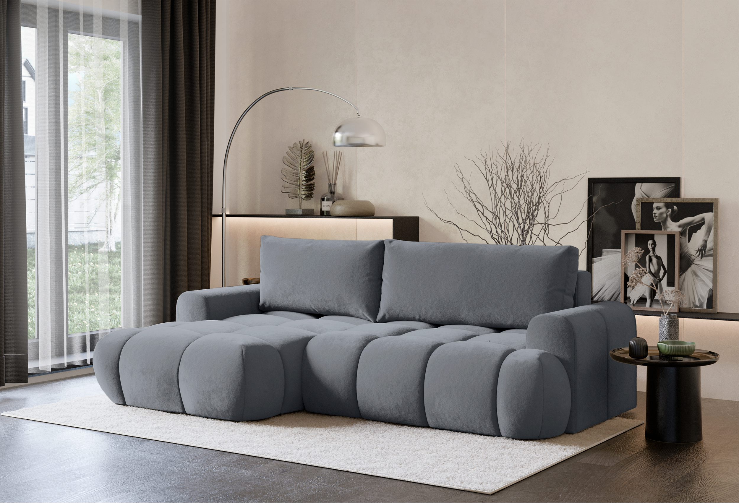Ecksofa mit Schlafunktion Ombo Mini, L-förmig, linksseitig, mit Stauraum, grauer hydrophober Samt