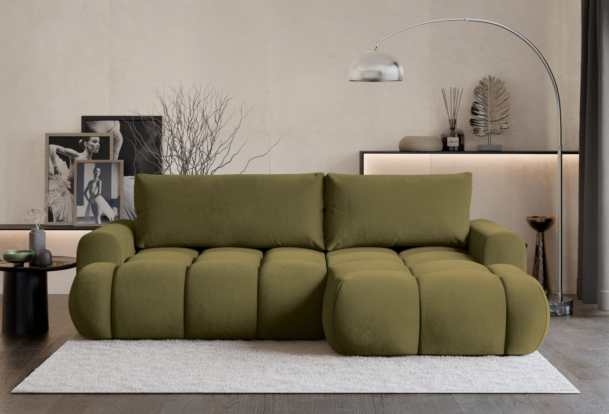 Ecksofa mit Schlaffunktion Ombo Mini, L-förmig, rechtsseitig, mit Stauraum, olivgrüner, hydrophober Samt