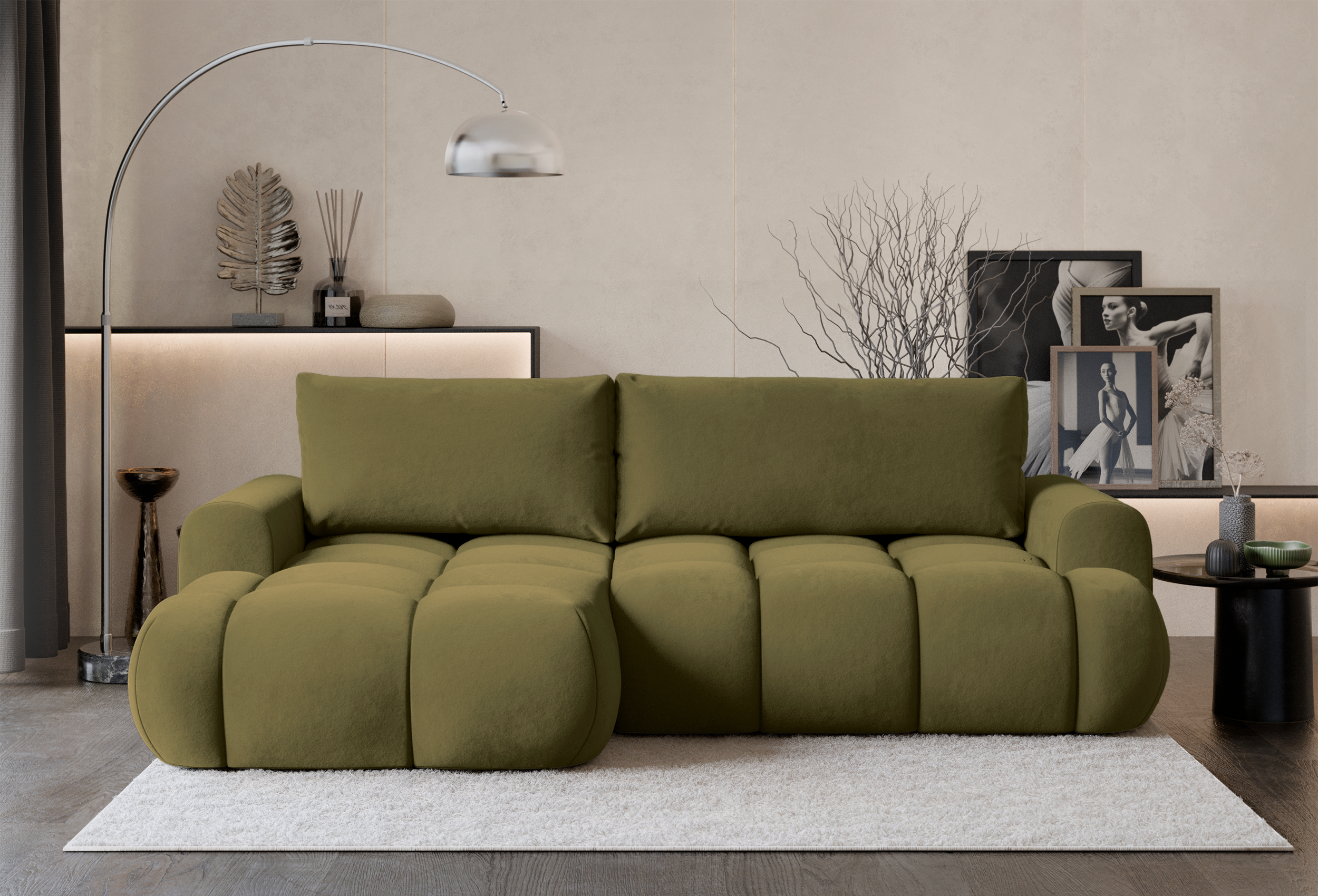 Ecksofa mit Schlafunktion Ombo Mini, L-förmig, linksseitig, mit Stauraum, olivgrüner, wasserabweisender Samtstoff