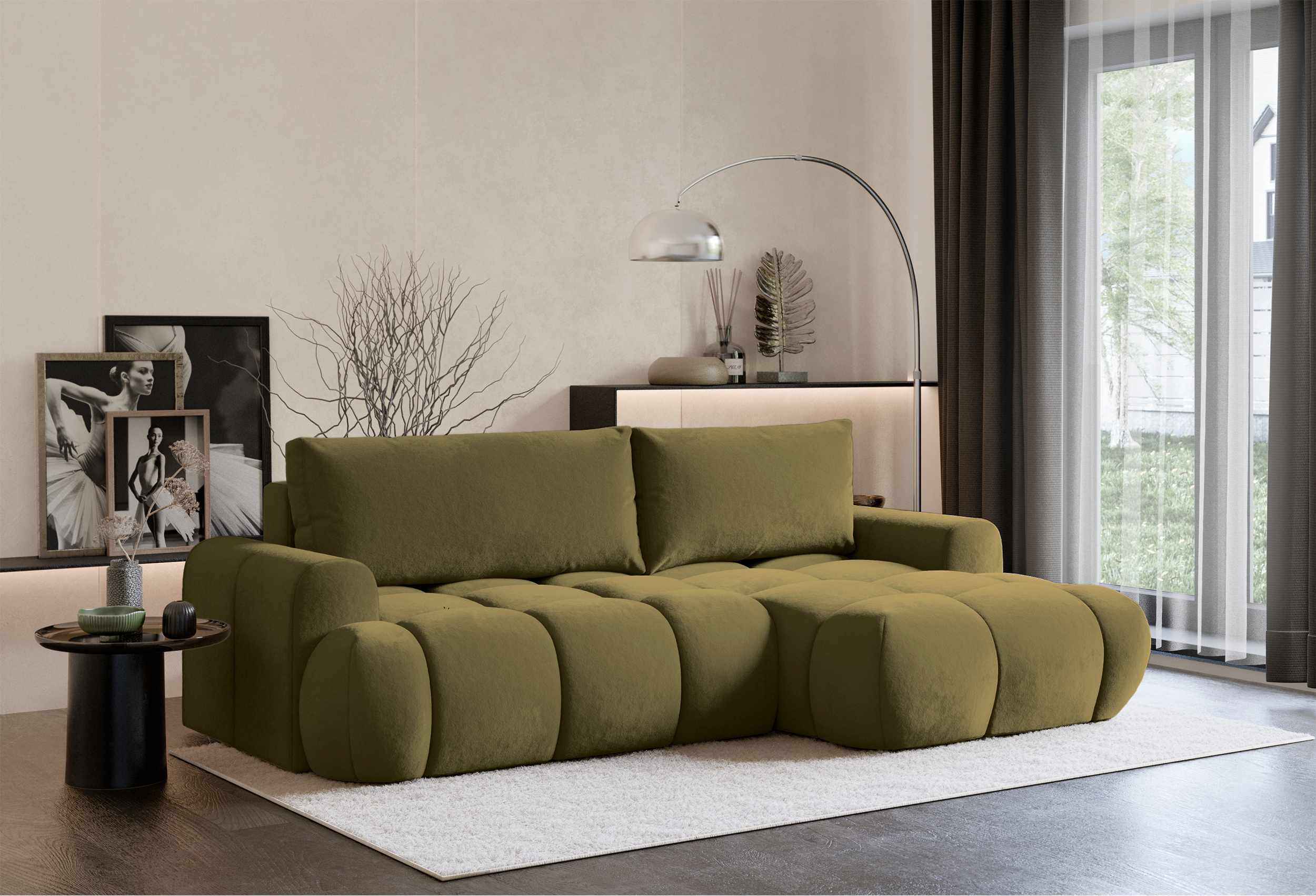Ecksofa mit Schlaffunktion Ombo Mini, L-förmig, rechtsseitig, mit Stauraum, olivgrüner, hydrophober Samt