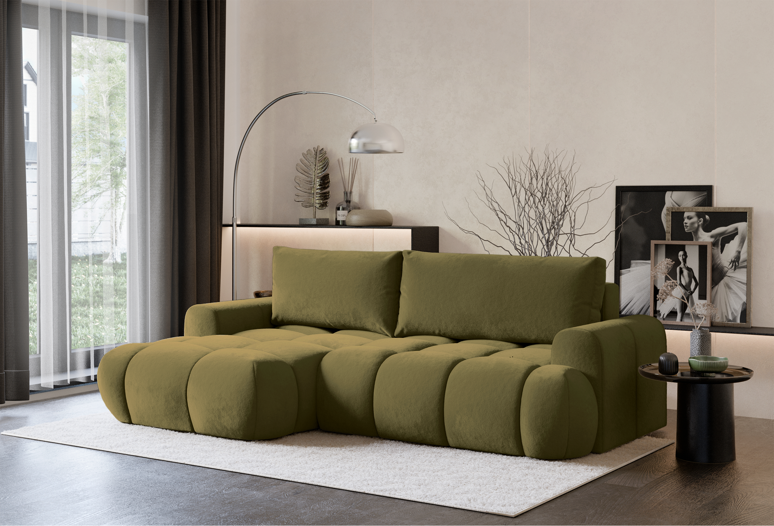 Ecksofa mit Schlafunktion Ombo Mini, L-förmig, linksseitig, mit Stauraum, olivgrüner, wasserabweisender Samtstoff