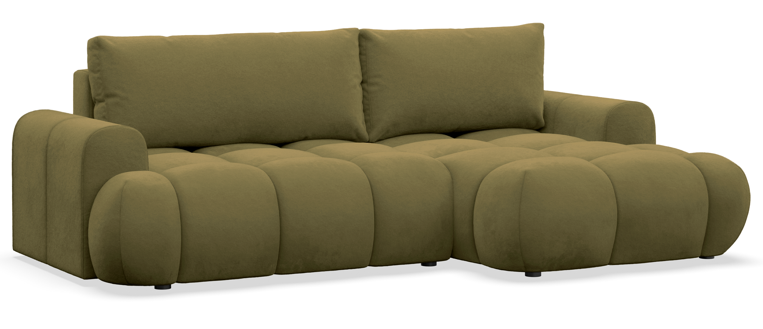 Ecksofa mit Schlaffunktion Ombo Mini, L-förmig, rechtsseitig, mit Stauraum, olivgrüner, hydrophober Samt