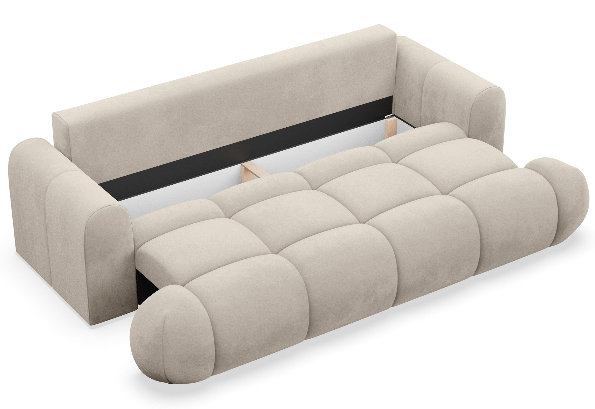 Dreisitziges ausklappbares Sofa Ombo Doce mit Stauraum, beige, wasserabweisender Samtstoff