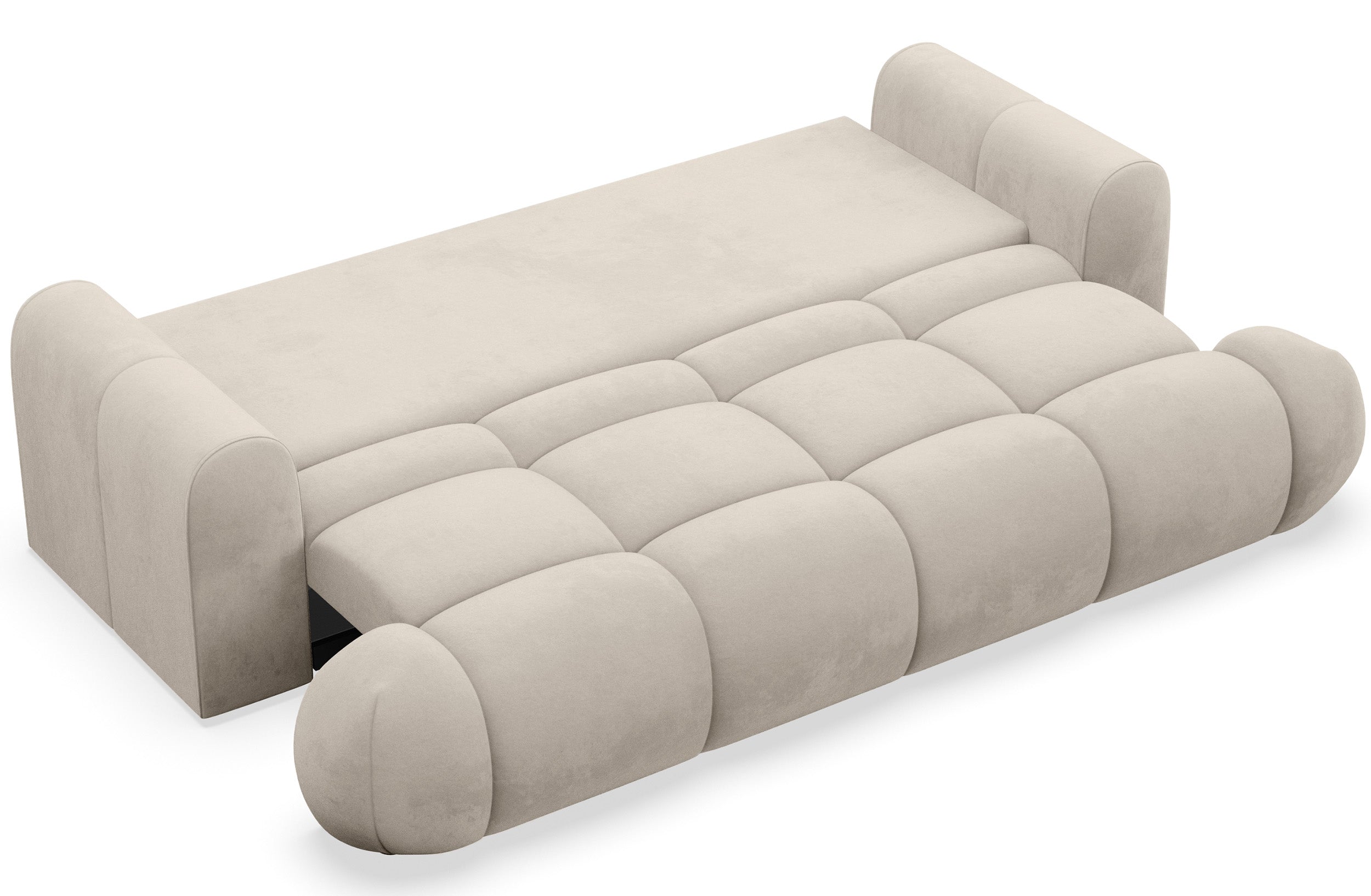 Dreisitziges ausklappbares Sofa Ombo Doce mit Stauraum, beige, wasserabweisender Samtstoff