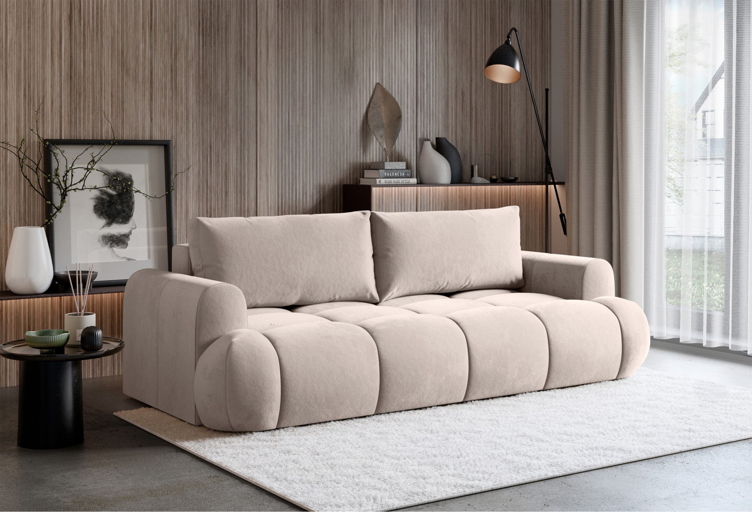 Dreisitziges ausklappbares Sofa Ombo Doce mit Stauraum, hellgraubeiger hydrophober Samt