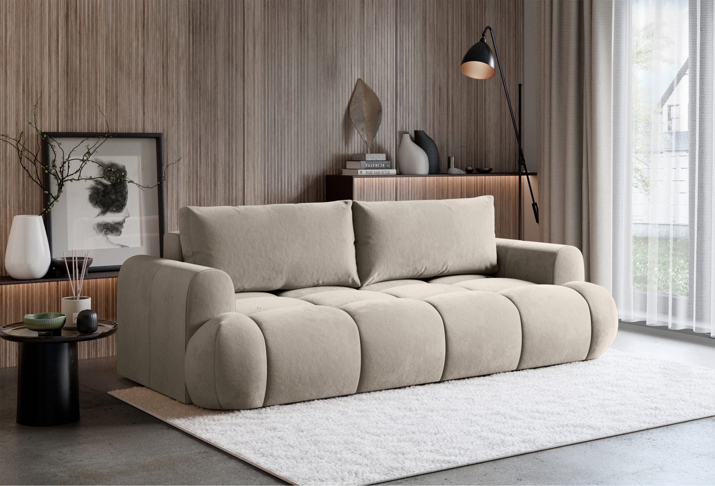 Dreisitziges ausklappbares Sofa Ombo Doce mit Stauraum, beige, wasserabweisender Samtstoff
