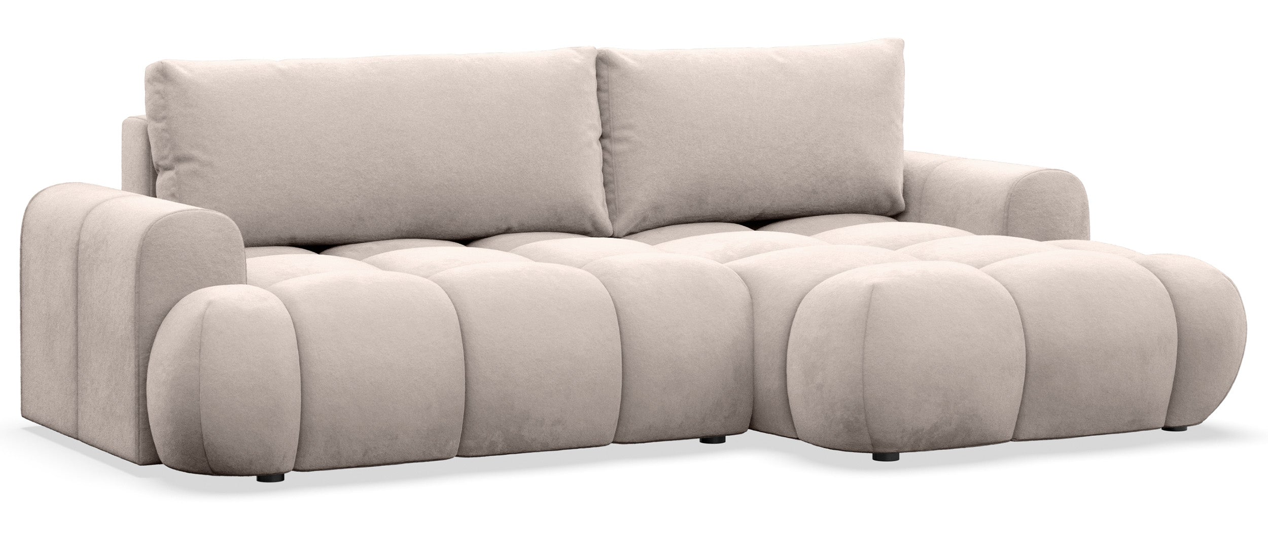 Ecksofa mit Schlaffunktion Ombo Mini, L-förmig, rechtsseitig, mit Stauraum, hellbeige-grauer, hydrophober Samtstoff
