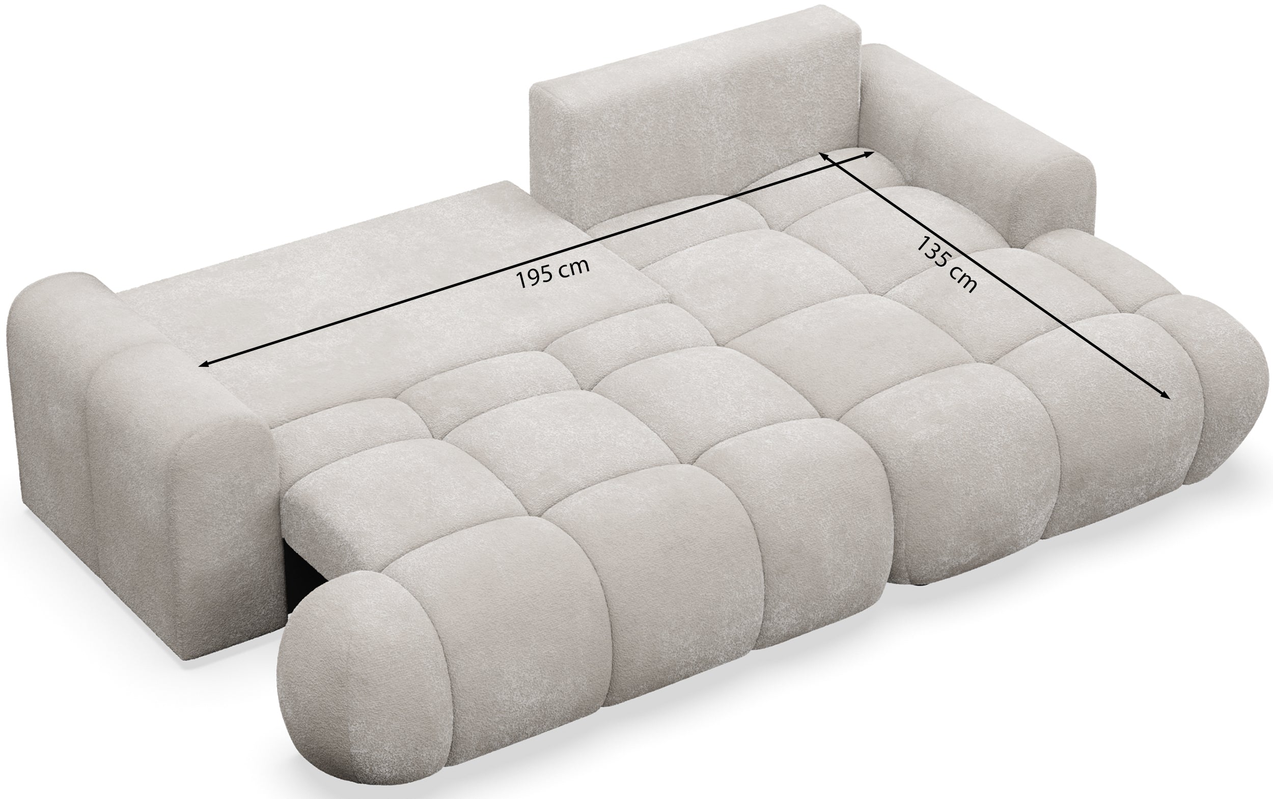 Ecksofa mit Schlaffunktion Ombo Mini, L-förmig, linksseitig, mit Stauraum, cremefarbenes Bouclé