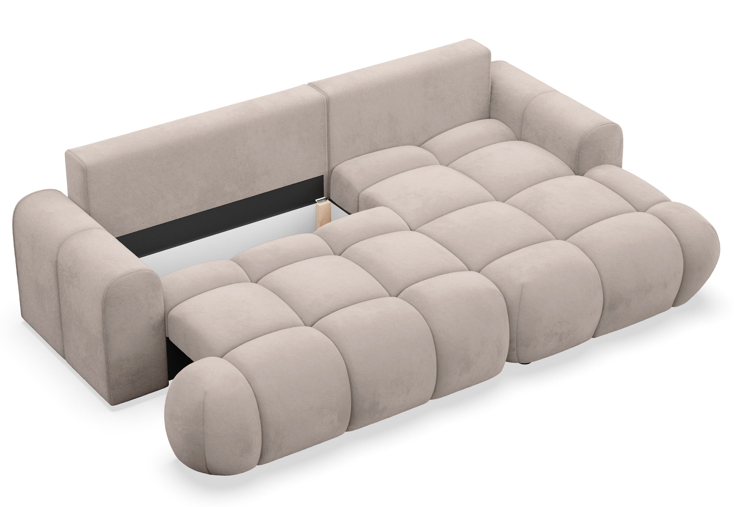Ecksofa mit Schlaffunktion Ombo Mini, L-förmig, rechtsseitig, mit Stauraum, hellbeige-grauer, hydrophober Samtstoff