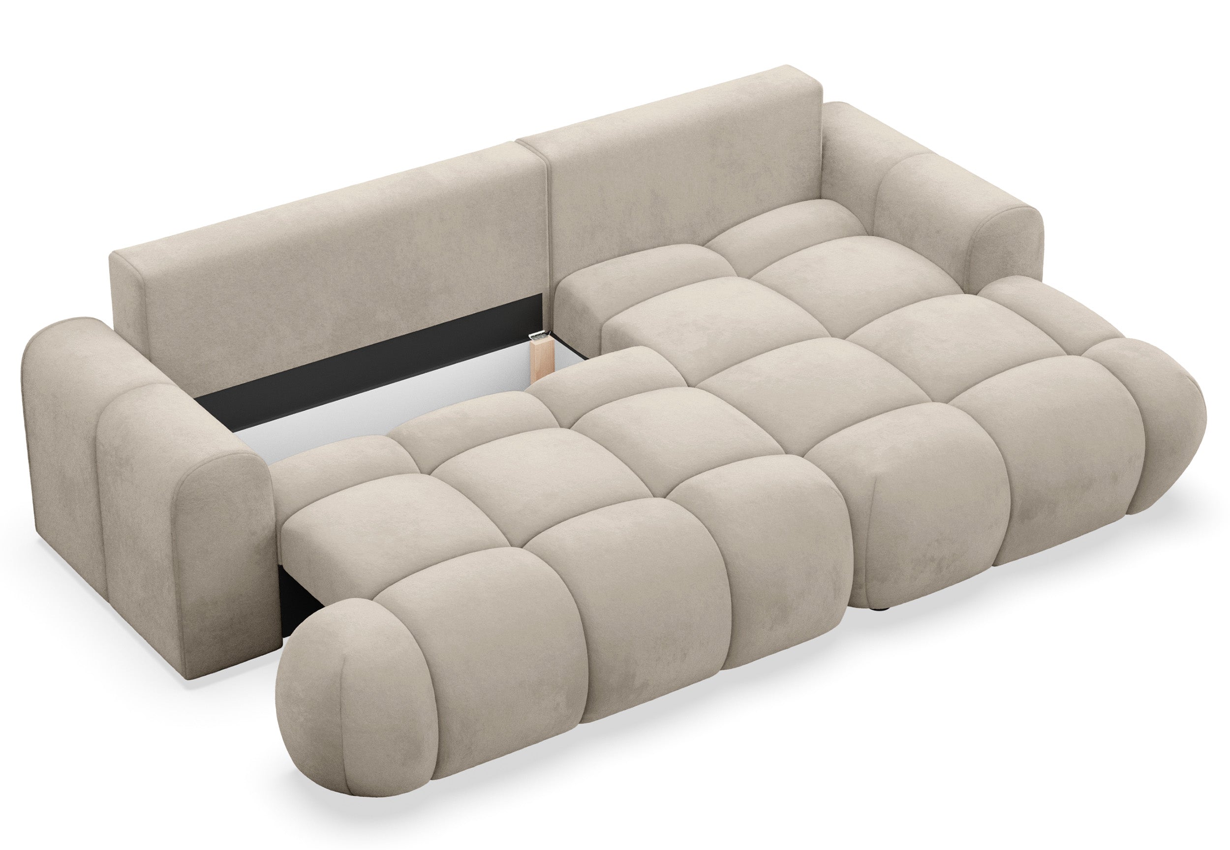 Ecksofa mit Schlaffunktion Ombo Mini, L-förmig, rechtsseitig, mit Stauraum, beige, hydrophober Samt