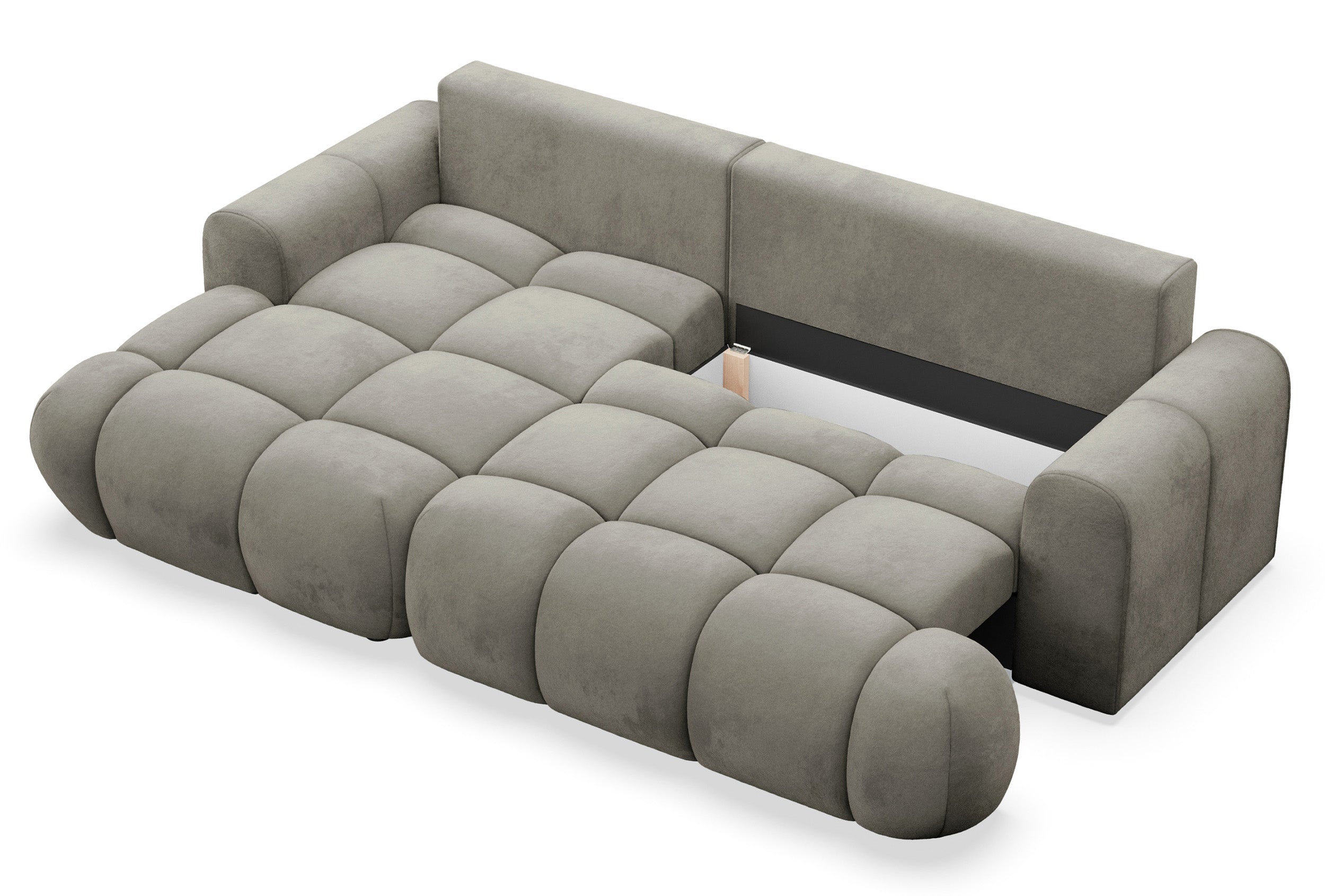 Ecksofa mit Schlaffunktion Ombo Mini, L-förmig, linksseitig, mit Stauraum, grau-brauner, hydrophober Samt