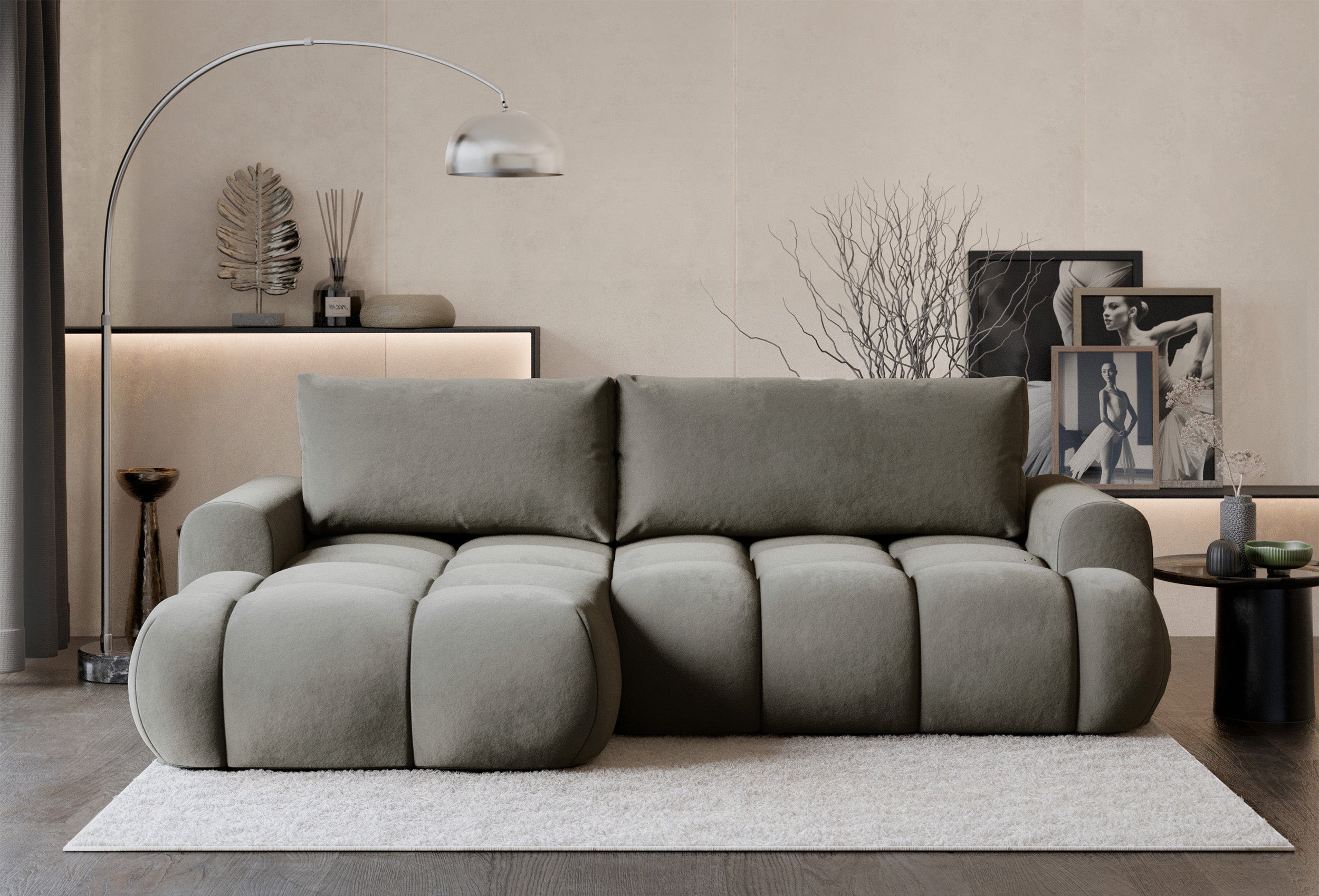 Ecksofa mit Schlaffunktion Ombo Mini, L-förmig, linksseitig, mit Stauraum, grau-brauner, hydrophober Samt