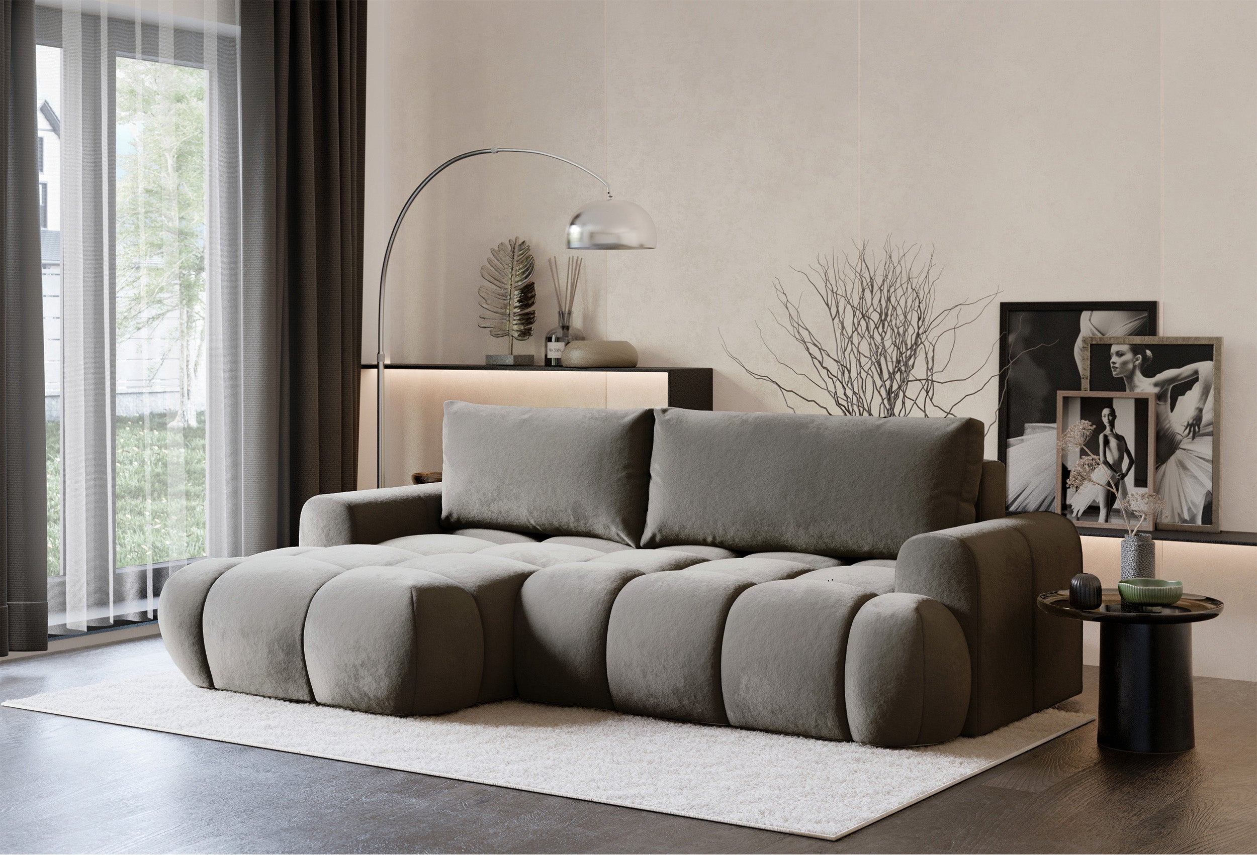 Ecksofa mit Schlaffunktion Ombo Mini, L-förmig, linksseitig, mit Stauraum, grau-brauner, hydrophober Samt