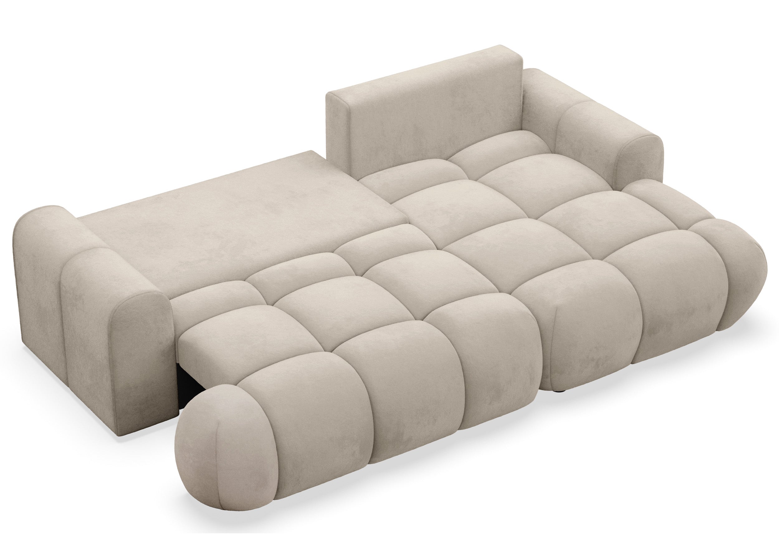Ecksofa mit Schlaffunktion Ombo Mini, L-förmig, rechtsseitig, mit Stauraum, beige, hydrophober Samt