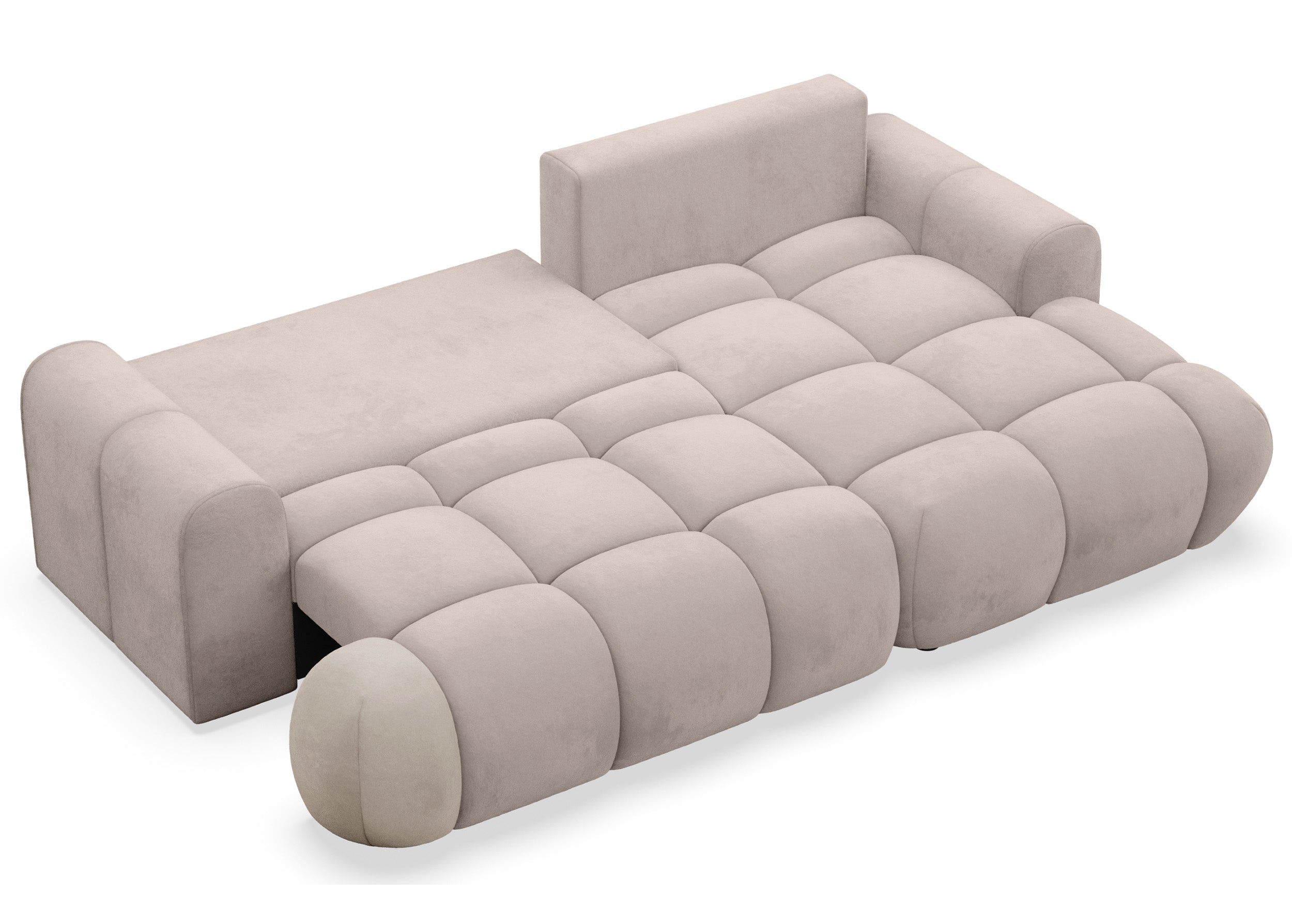 Ecksofa mit Schlaffunktion Ombo Mini, L-förmig, rechtsseitig, mit Stauraum, hellbeige-grauer, hydrophober Samtstoff