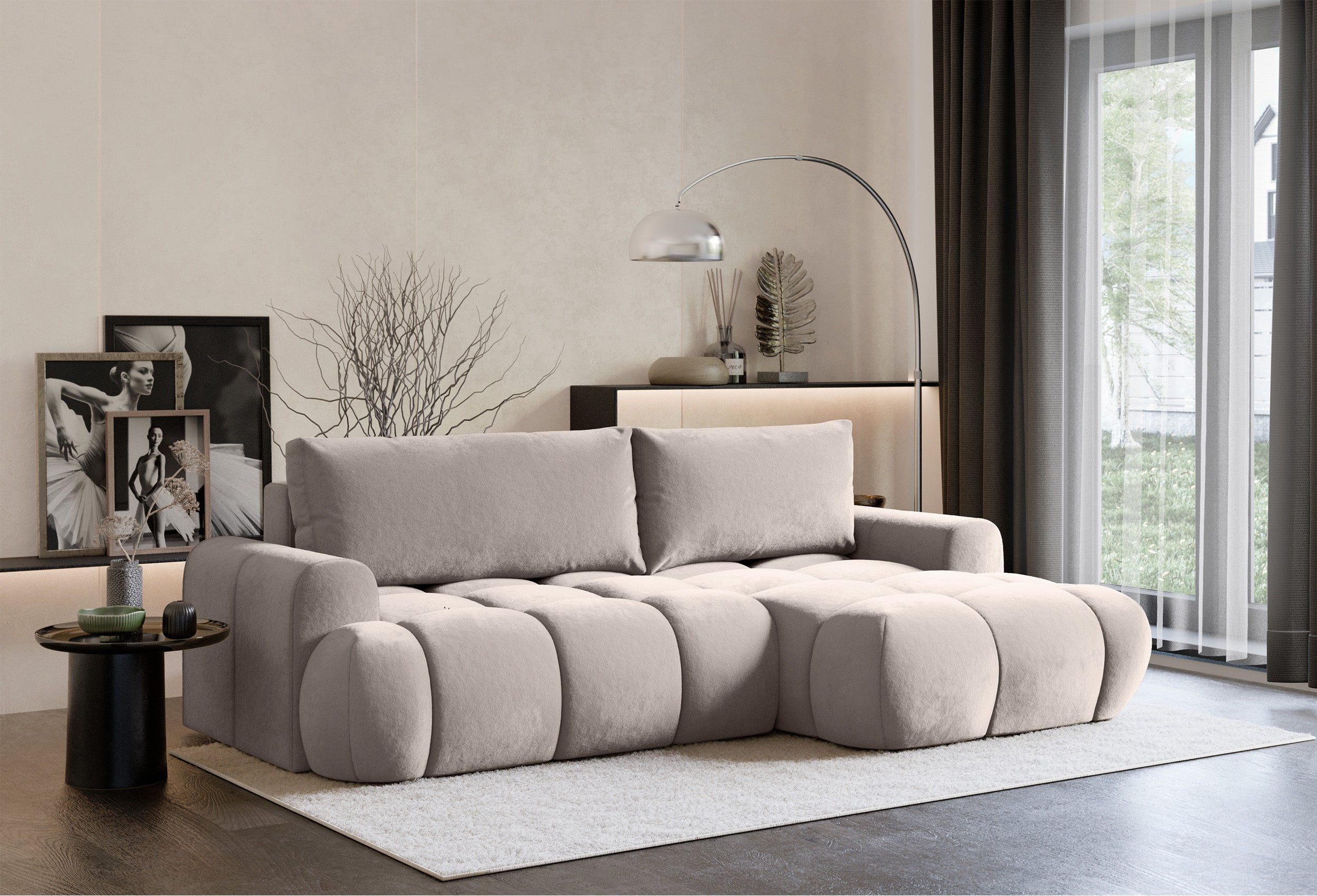 Ecksofa mit Schlaffunktion Ombo Mini, L-förmig, rechtsseitig, mit Stauraum, hellbeige-grauer, hydrophober Samtstoff