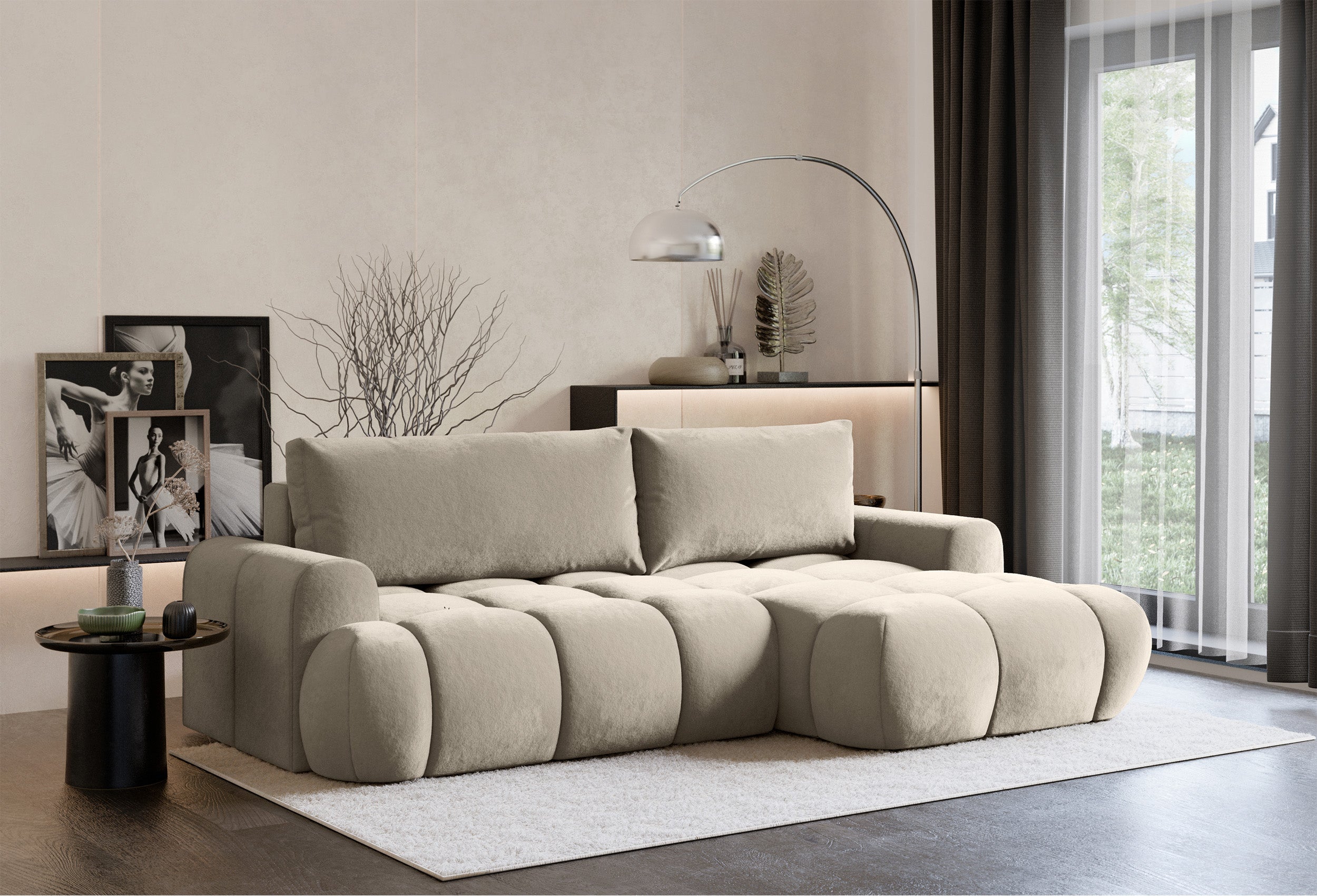 Ecksofa mit Schlaffunktion Ombo Mini, L-förmig, rechtsseitig, mit Stauraum, beige, hydrophober Samt