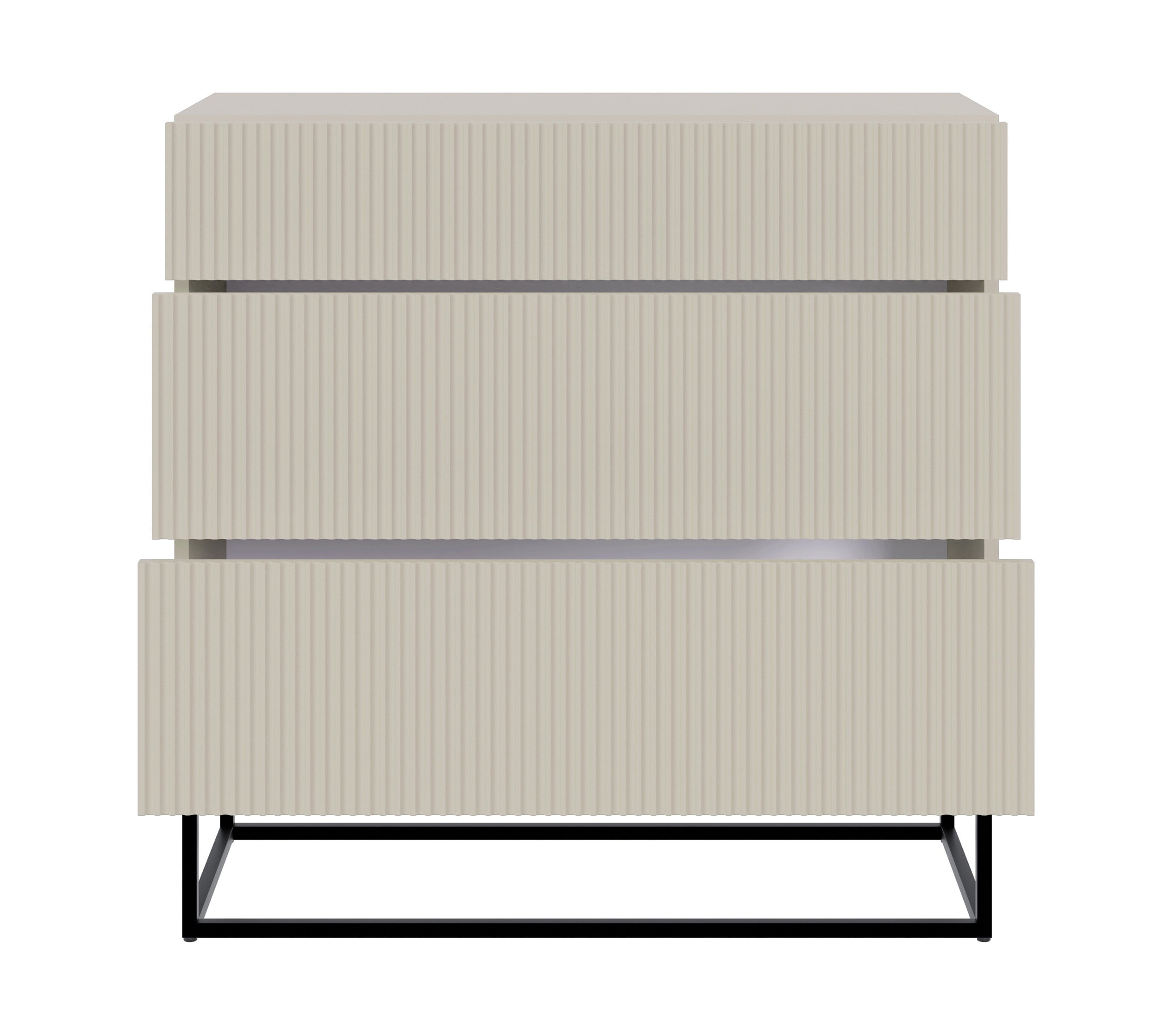 Kommode Veldio mit gefräster Front und drei Schubladen, 90 cm, grau-beige mit schwarzen Beinen