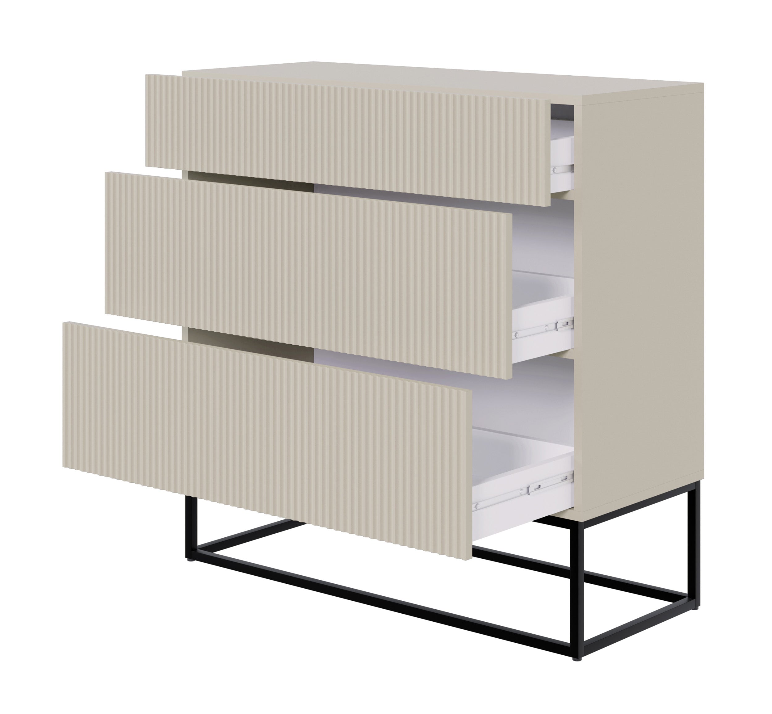 Kommode Veldio mit gefräster Front und drei Schubladen, 90 cm, grau-beige mit schwarzen Beinen