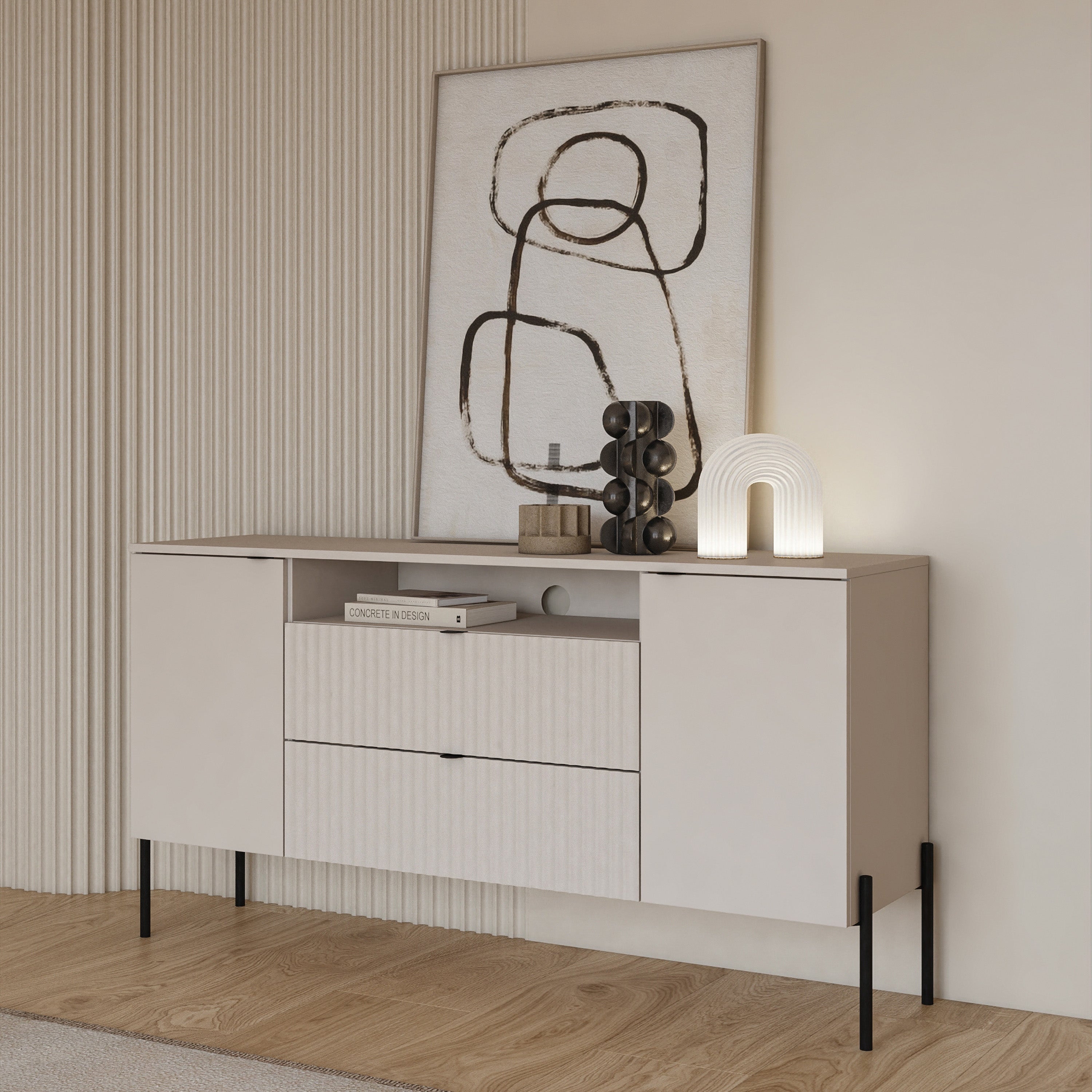 Zweitrüriger Ore-Kommode mit zwei Schubladen, 140 cm, Kaschmirfarben mit geriffelter Front