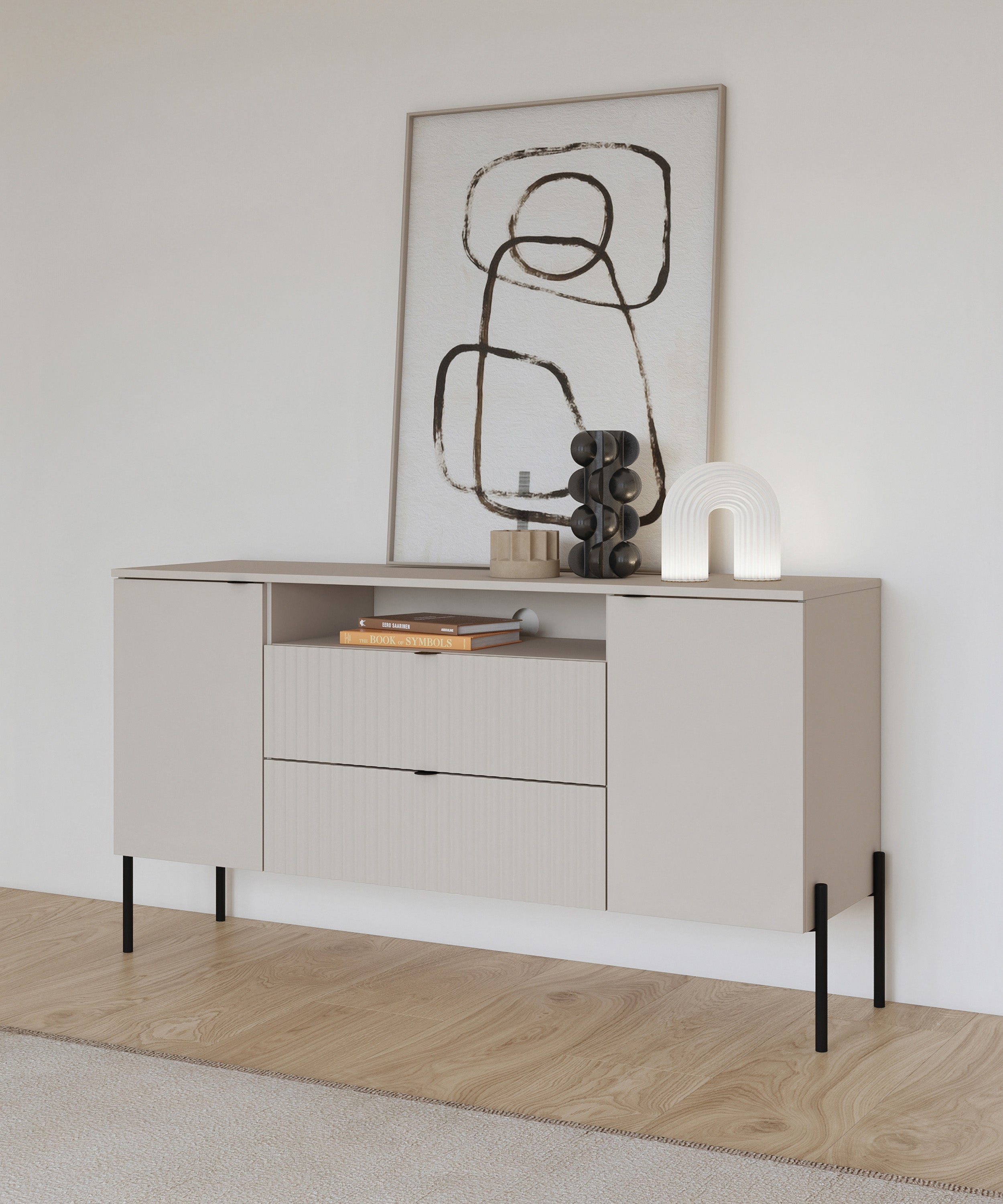 Zweitrüriger Ore-Kommode mit zwei Schubladen, 140 cm, Kaschmirfarben mit geriffelter Front