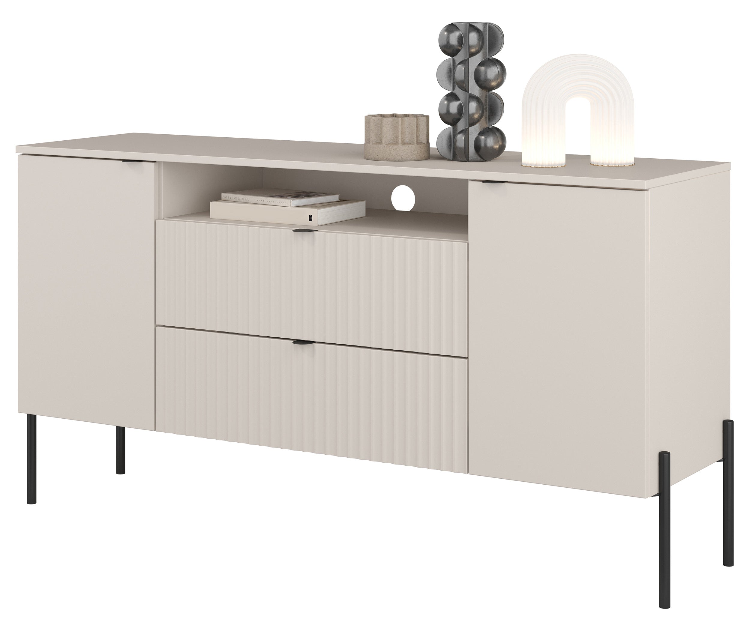 Zweitrüriger Ore-Kommode mit zwei Schubladen, 140 cm, Kaschmirfarben mit geriffelter Front