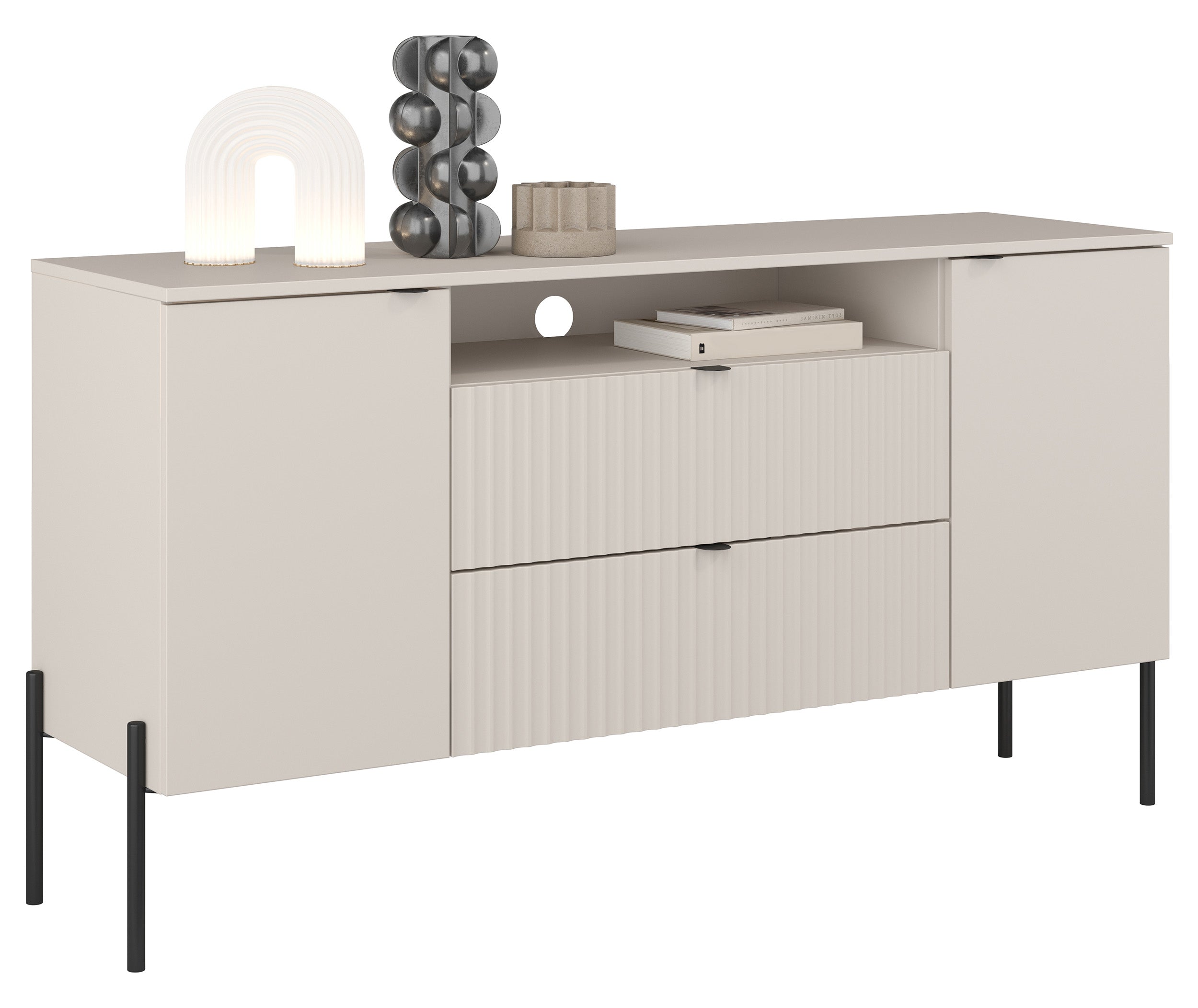 Zweitrüriger Ore-Kommode mit zwei Schubladen, 140 cm, Kaschmirfarben mit geriffelter Front