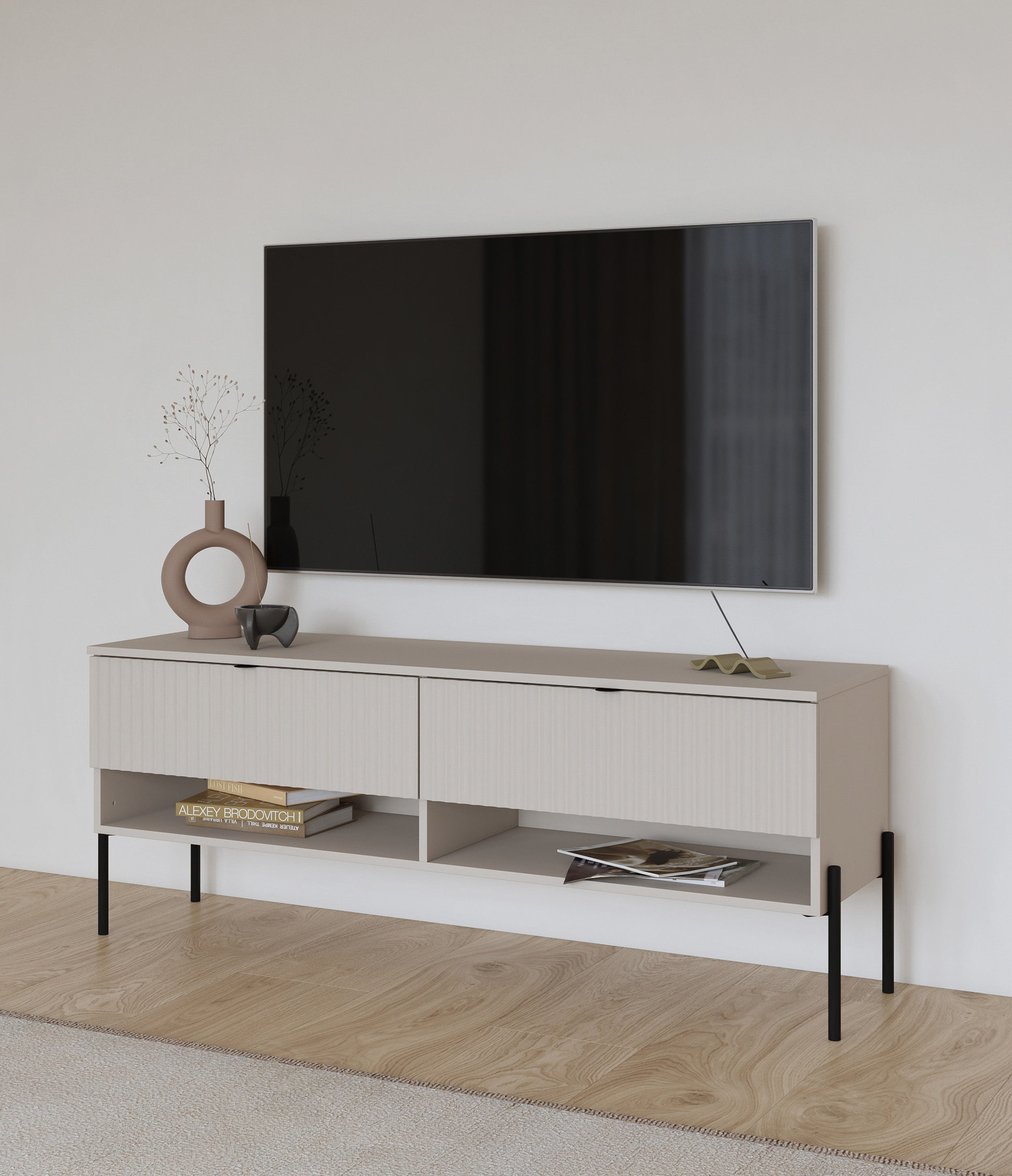 TV-Schrank Ore mit zwei Schubladen, 140 cm, Kaschmirfarben mit geriffelter Front