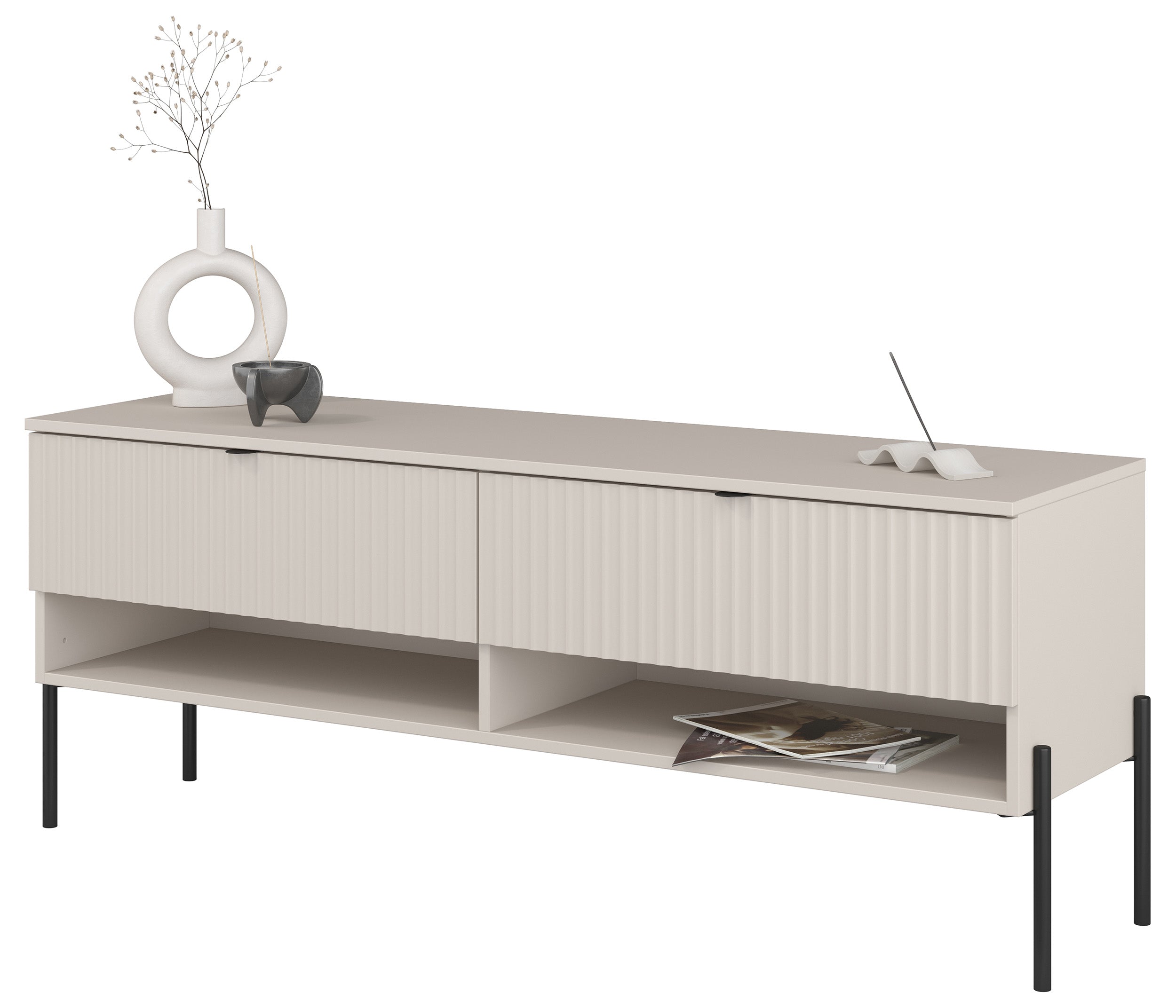 TV-Schrank Ore mit zwei Schubladen, 140 cm, Kaschmirfarben mit geriffelter Front
