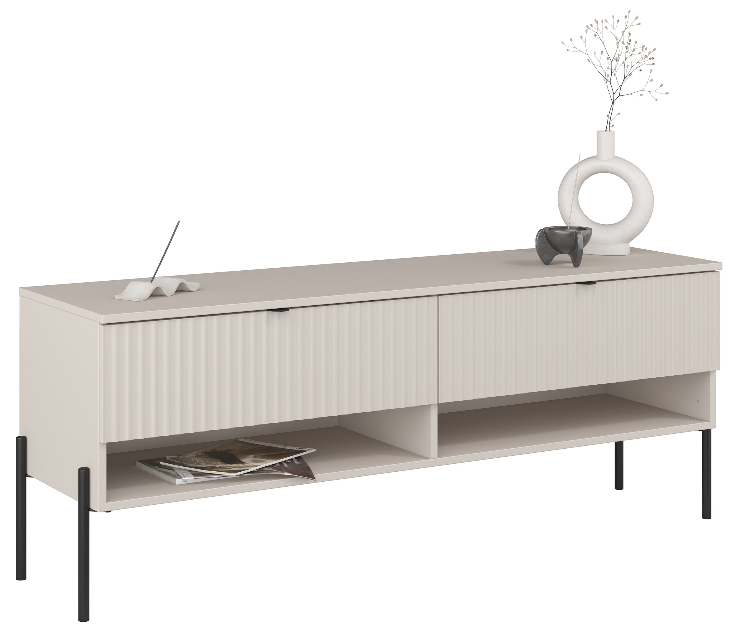 TV-Schrank Ore mit zwei Schubladen, 140 cm, Kaschmirfarben mit geriffelter Front